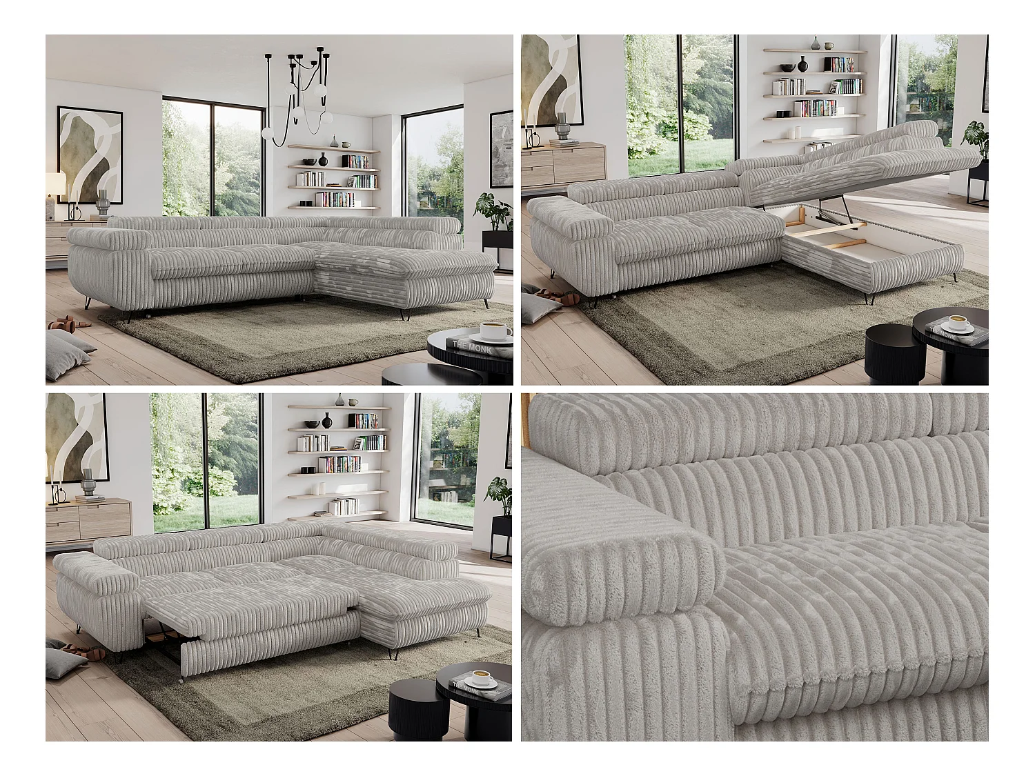 Ecksofa PEDRO - L-Form mit Schlaffunktion 200x125 cm, verstellbaren Kopfstützen - Hellgrau Cord - Ecke Rechts