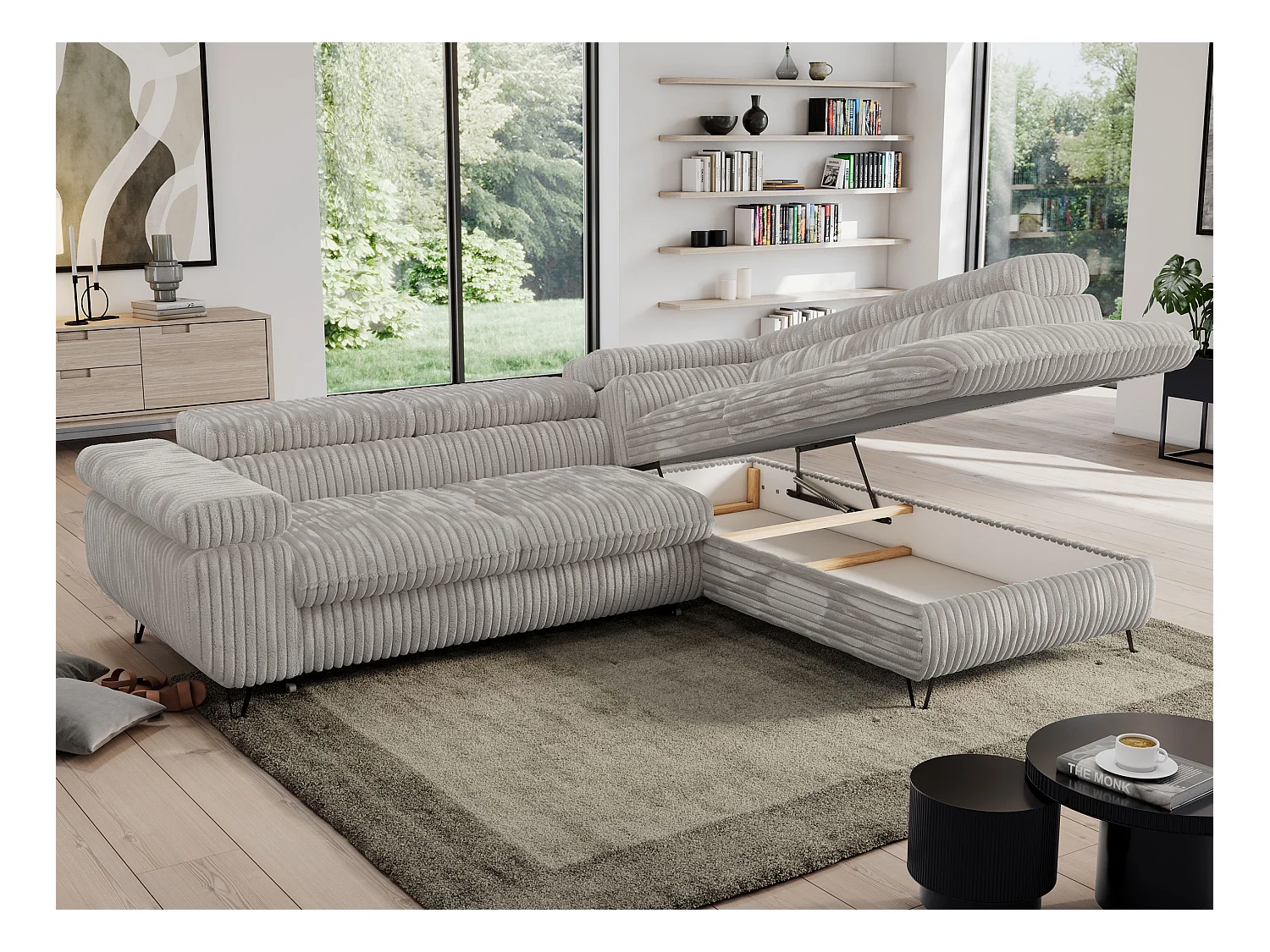 Ecksofa PEDRO - L-Form mit Schlaffunktion 200x125 cm, verstellbaren Kopfstützen - Hellgrau Cord - Ecke Rechts