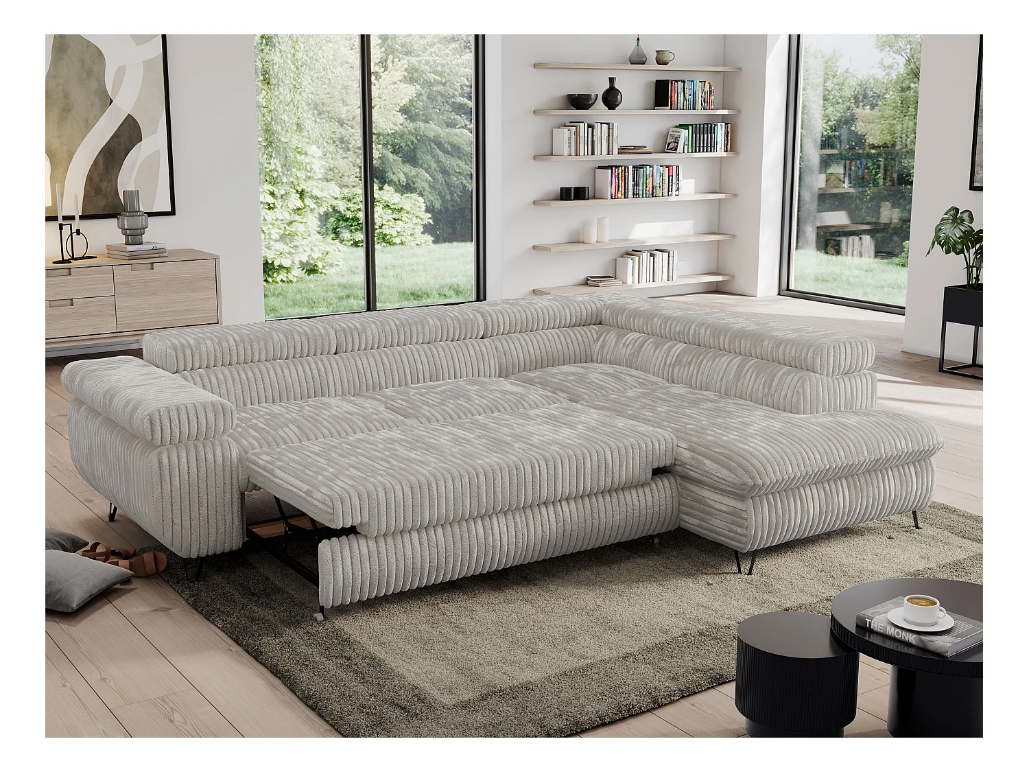 Ecksofa PEDRO - L-Form mit Schlaffunktion 200x125 cm, verstellbaren Kopfstützen - Hellgrau Cord - Ecke Rechts