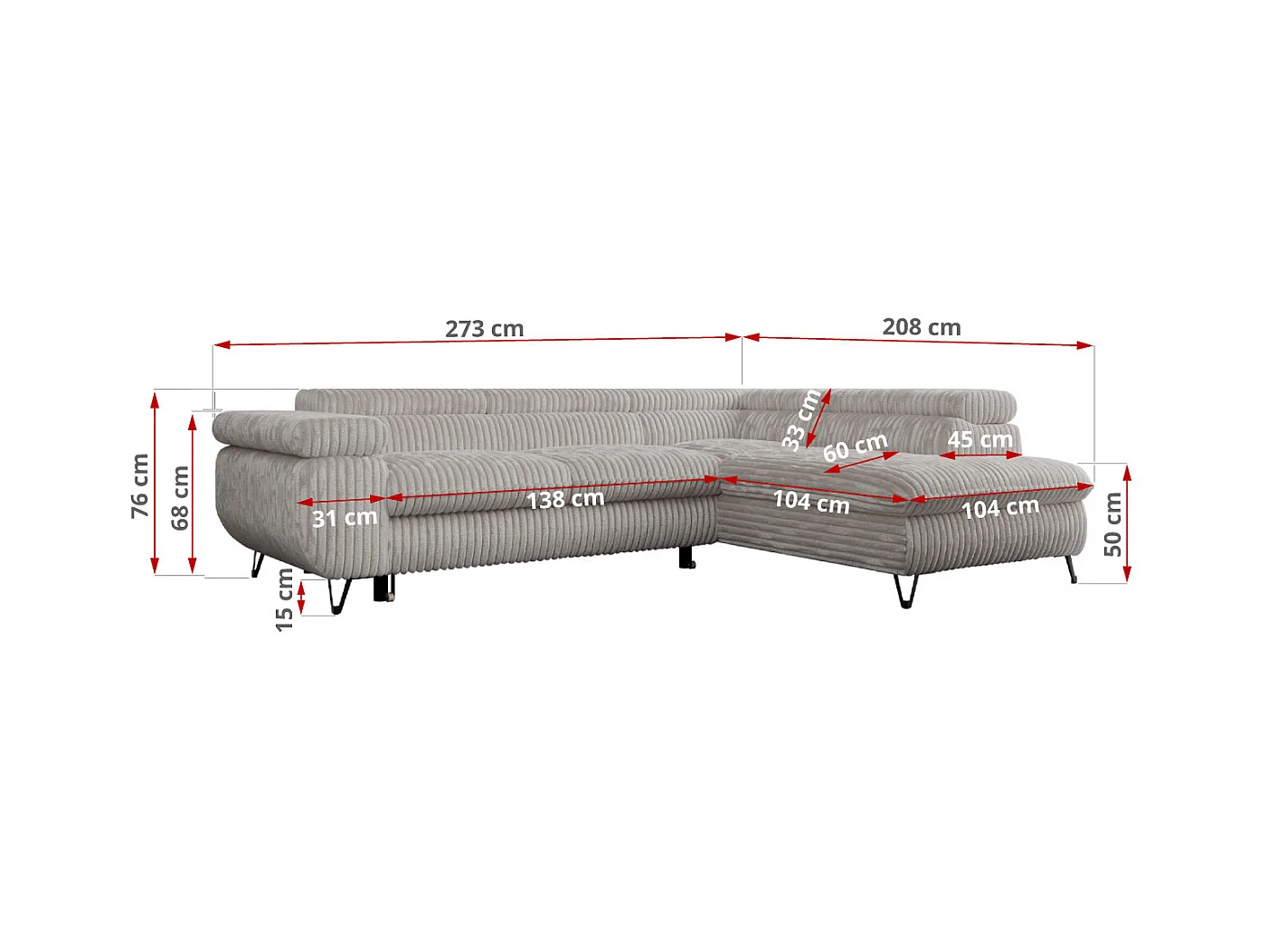 Ecksofa PEDRO - L-Form mit Schlaffunktion 200x125 cm, verstellbaren Kopfstützen - Hellgrau Cord - Ecke Rechts
