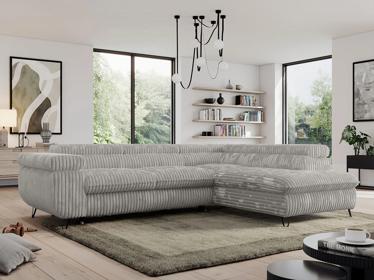 Ecksofa PEDRO - L-Form mit Schlaffunktion 200x125 cm, verstellbaren Kopfstützen - Hellgrau Cord - Ecke Rechts