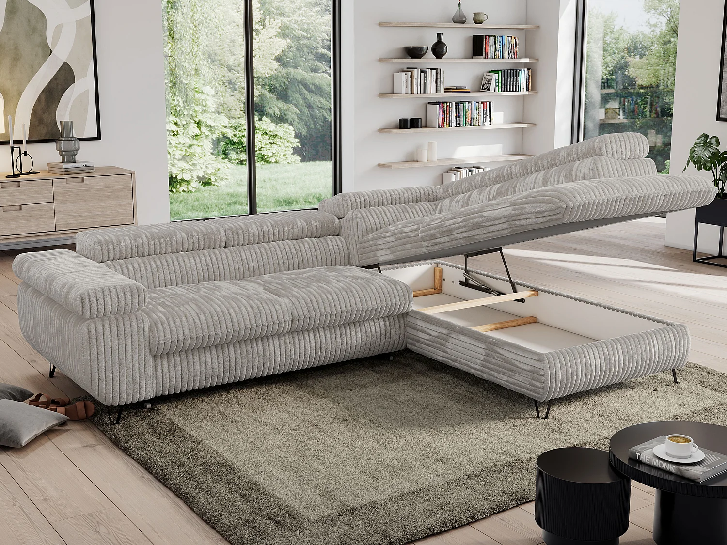 Ecksofa PEDRO - L-Form mit Schlaffunktion 200x125 cm, verstellbaren Kopfstützen - Hellgrau Cord - Ecke Rechts
