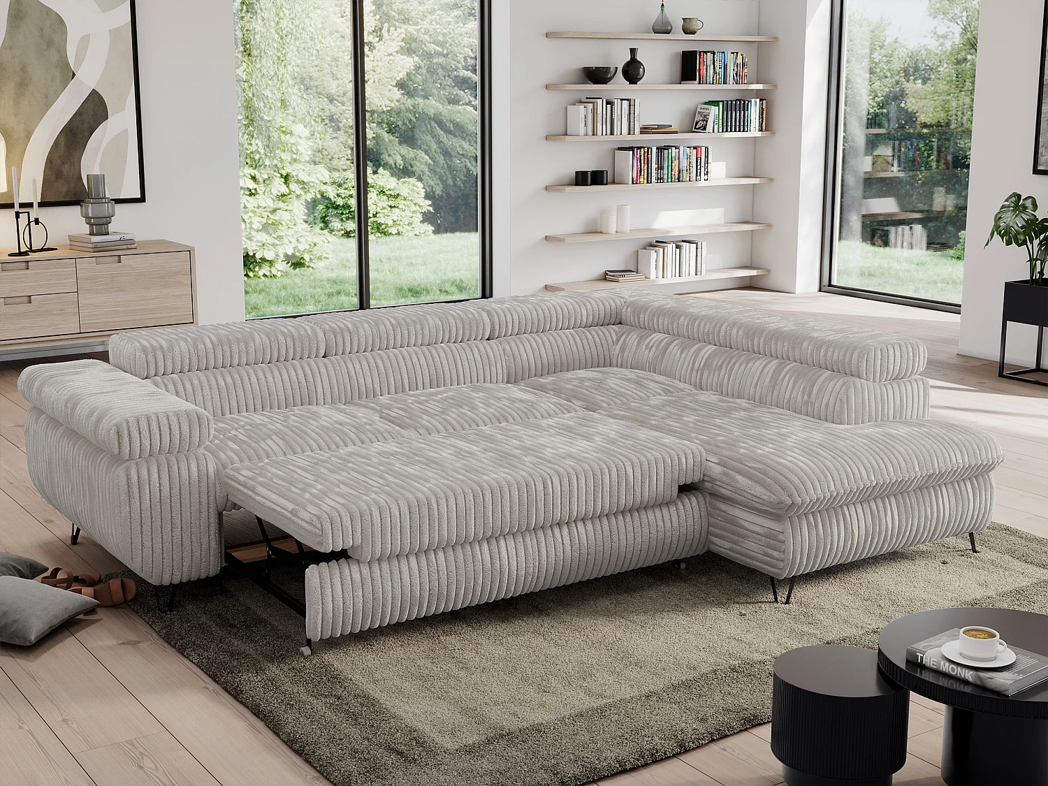 Ecksofa PEDRO - L-Form mit Schlaffunktion 200x125 cm, verstellbaren Kopfstützen - Hellgrau Cord - Ecke Rechts