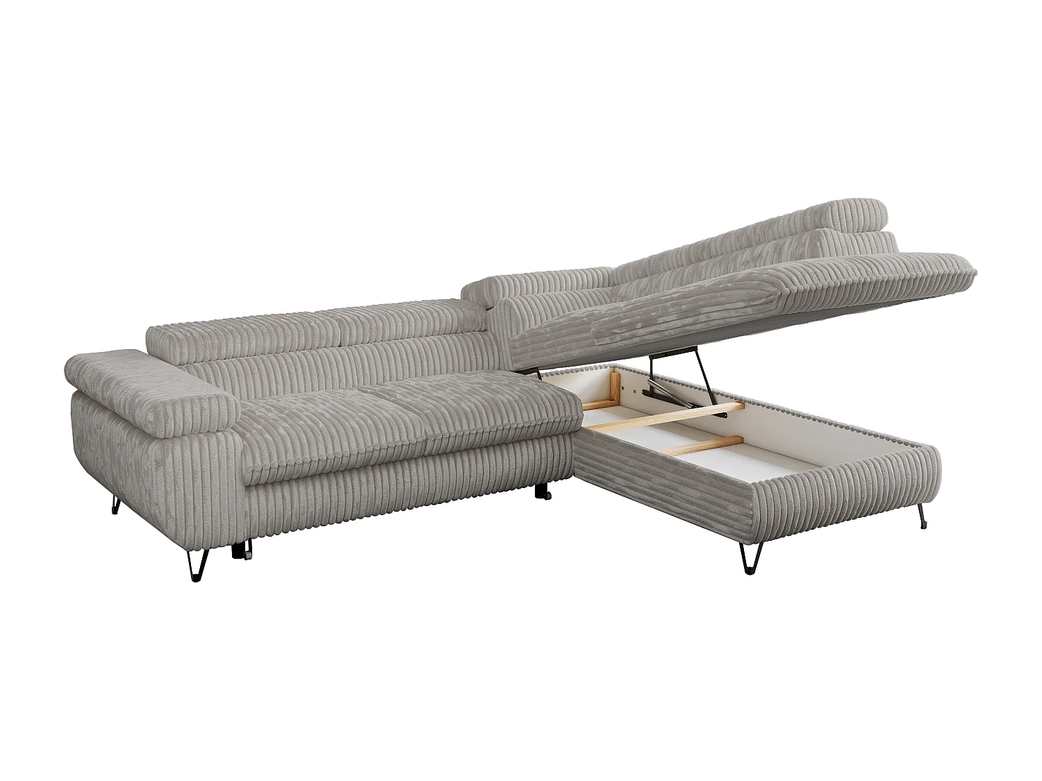 Ecksofa PEDRO - L-Form mit Schlaffunktion 200x125 cm, verstellbaren Kopfstützen - Hellgrau Cord - Ecke Rechts