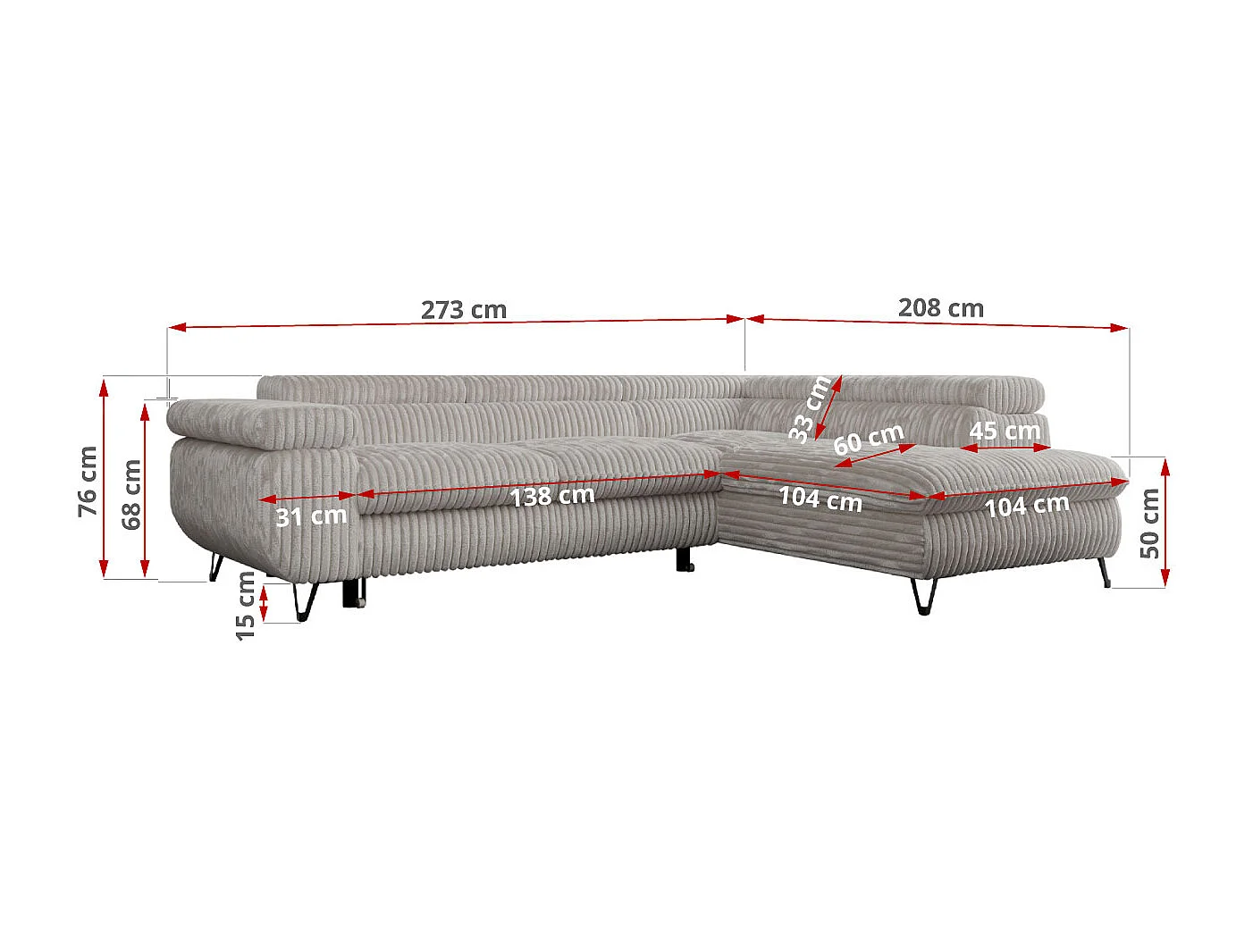 Ecksofa PEDRO - L-Form mit Schlaffunktion 200x125 cm, verstellbaren Kopfstützen - Hellgrau Cord - Ecke Rechts