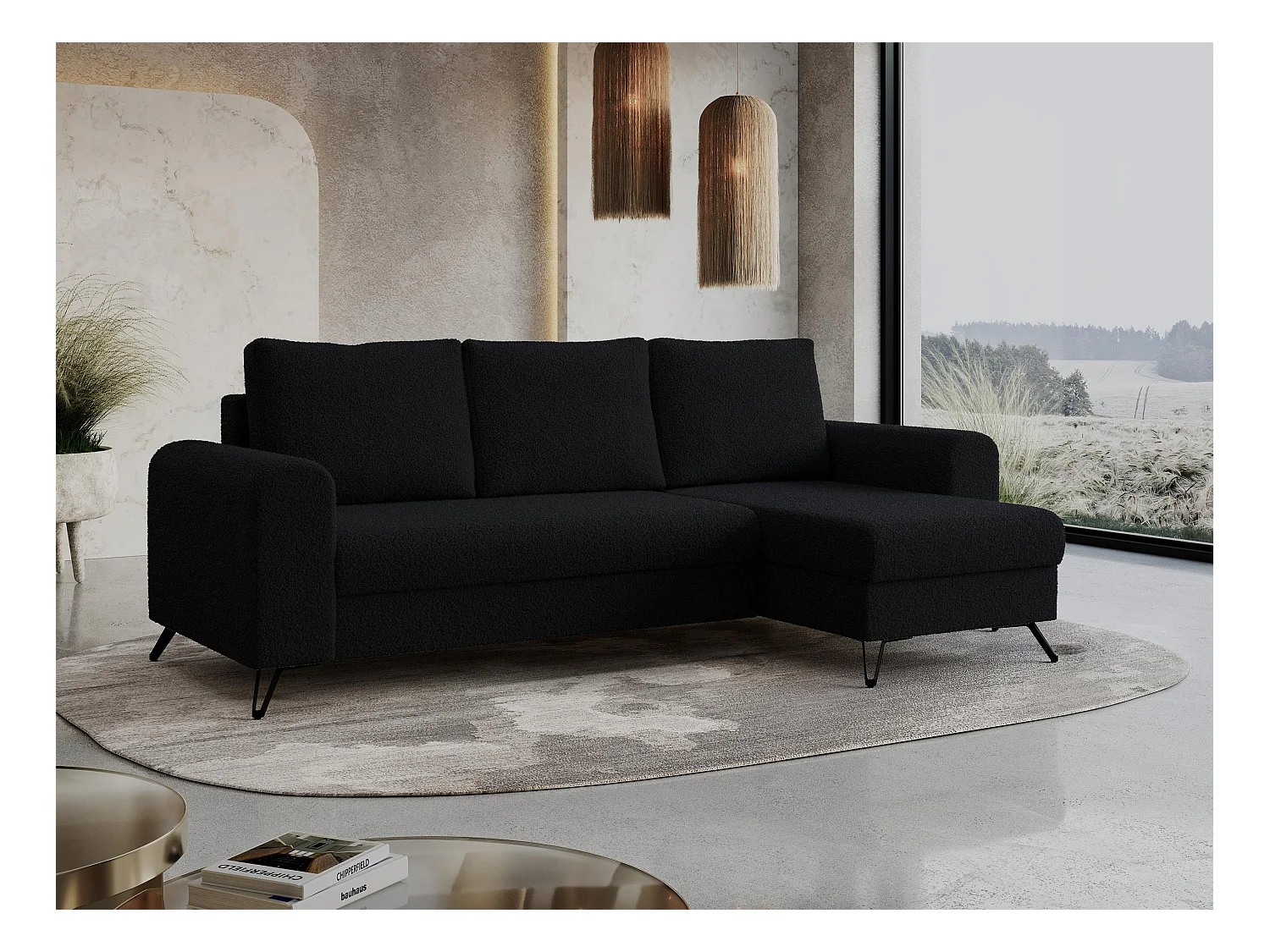 Ecksofa HUGO - L-Form mit Schlaffunktion, lose Kissen - Schwarz Boucle