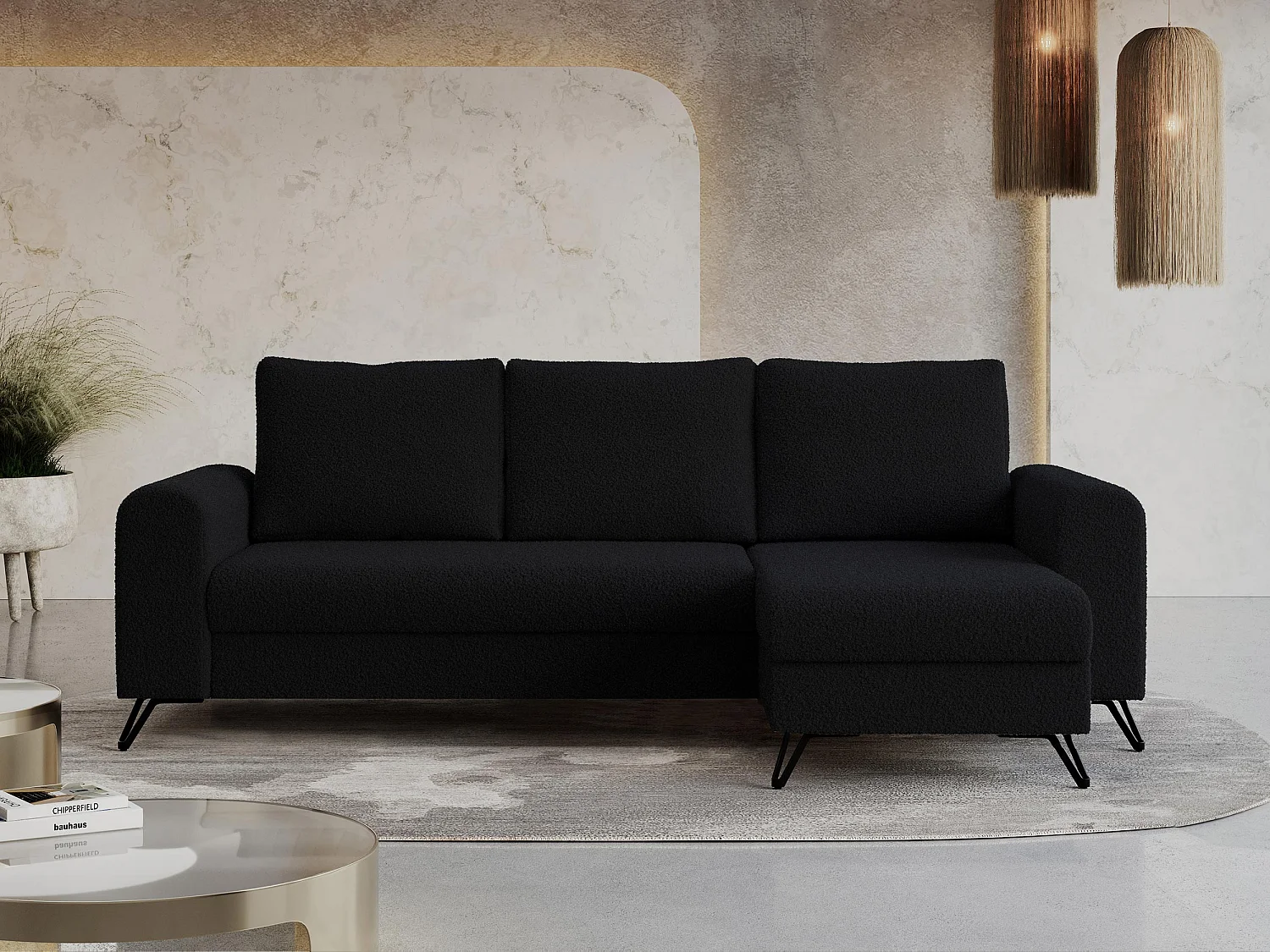 Ecksofa HUGO - L-Form mit Schlaffunktion, lose Kissen - Schwarz Boucle