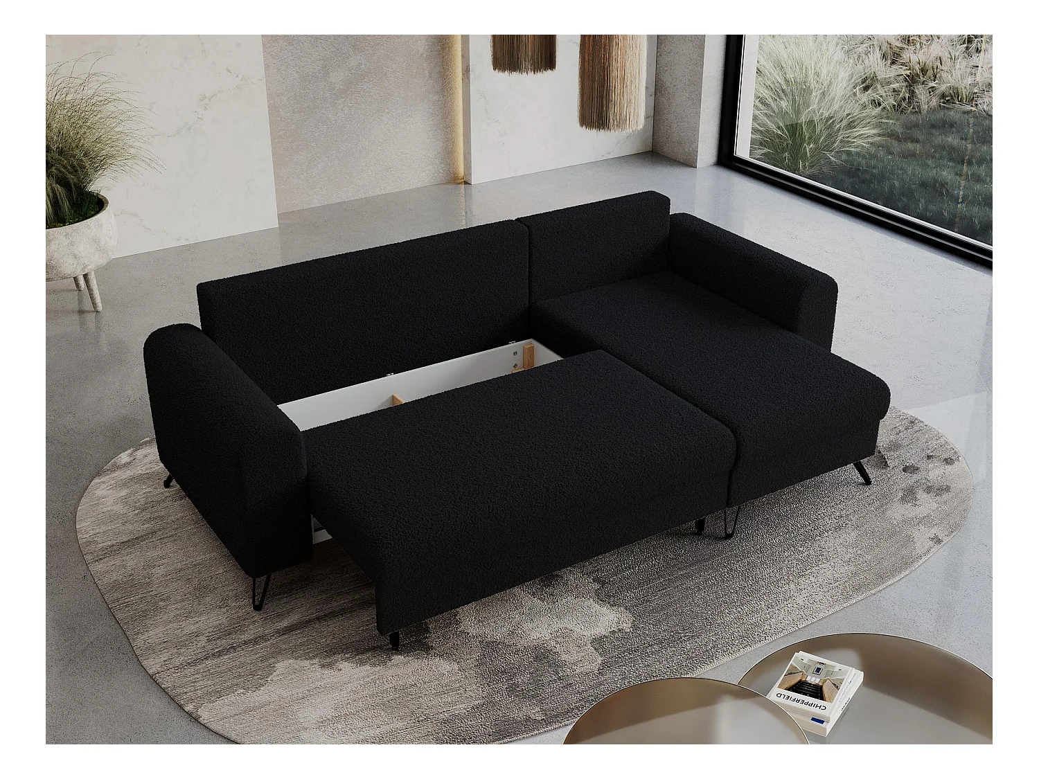 Ecksofa HUGO - L-Form mit Schlaffunktion, lose Kissen - Schwarz Boucle