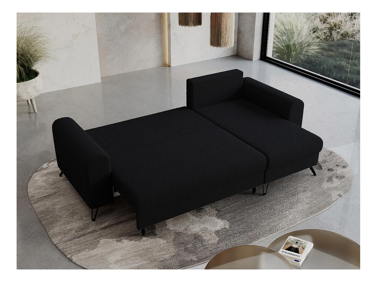 Ecksofa HUGO - L-Form mit Schlaffunktion, lose Kissen - Schwarz Boucle