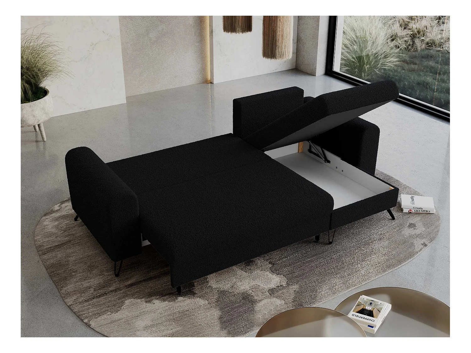 Ecksofa HUGO - L-Form mit Schlaffunktion, lose Kissen - Schwarz Boucle