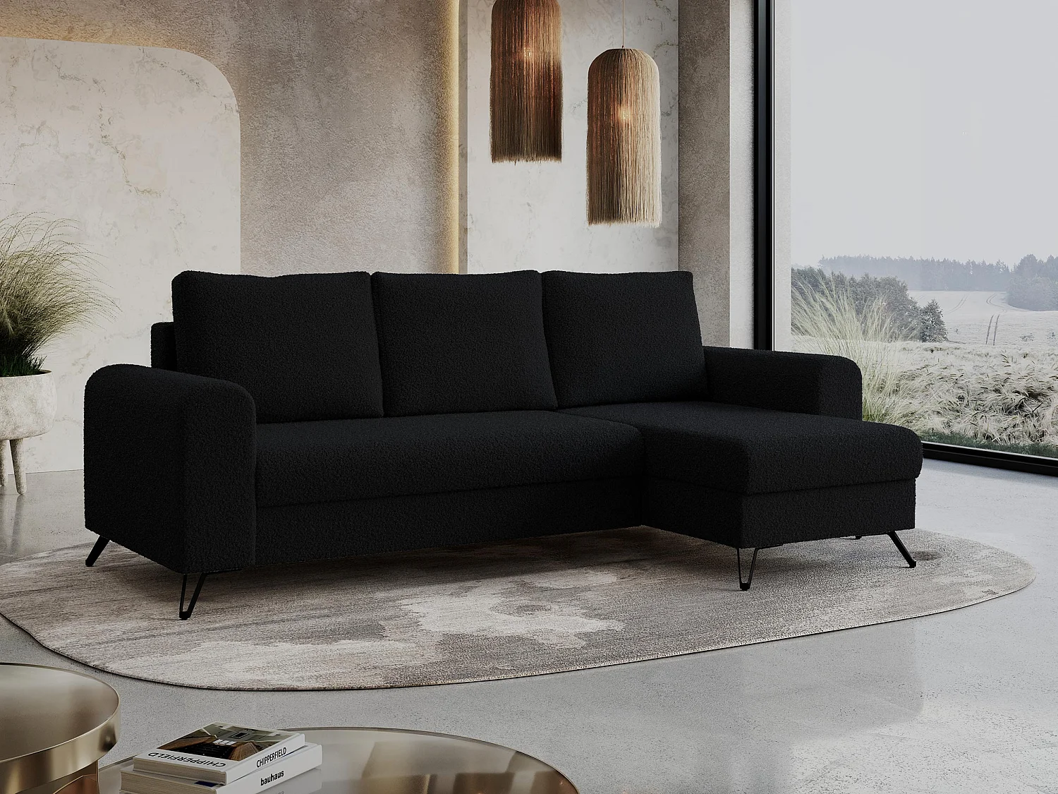Ecksofa HUGO - L-Form mit Schlaffunktion, lose Kissen - Schwarz Boucle