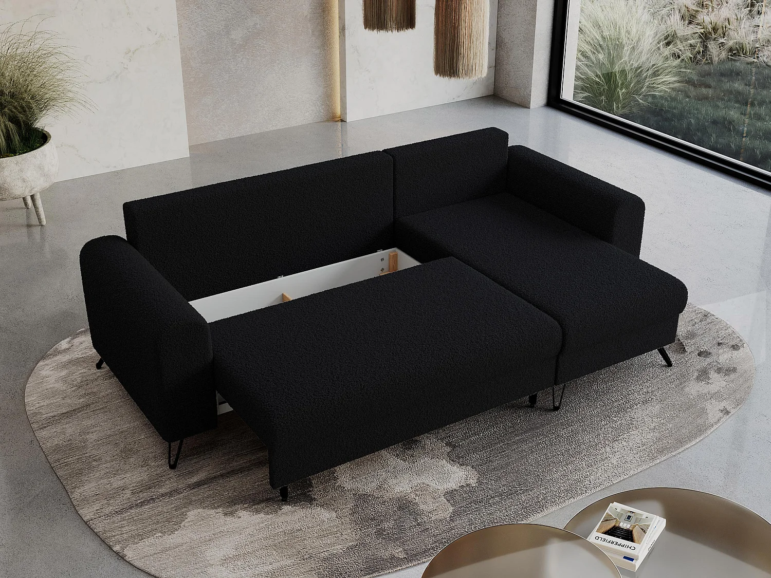 Ecksofa HUGO - L-Form mit Schlaffunktion, lose Kissen - Schwarz Boucle