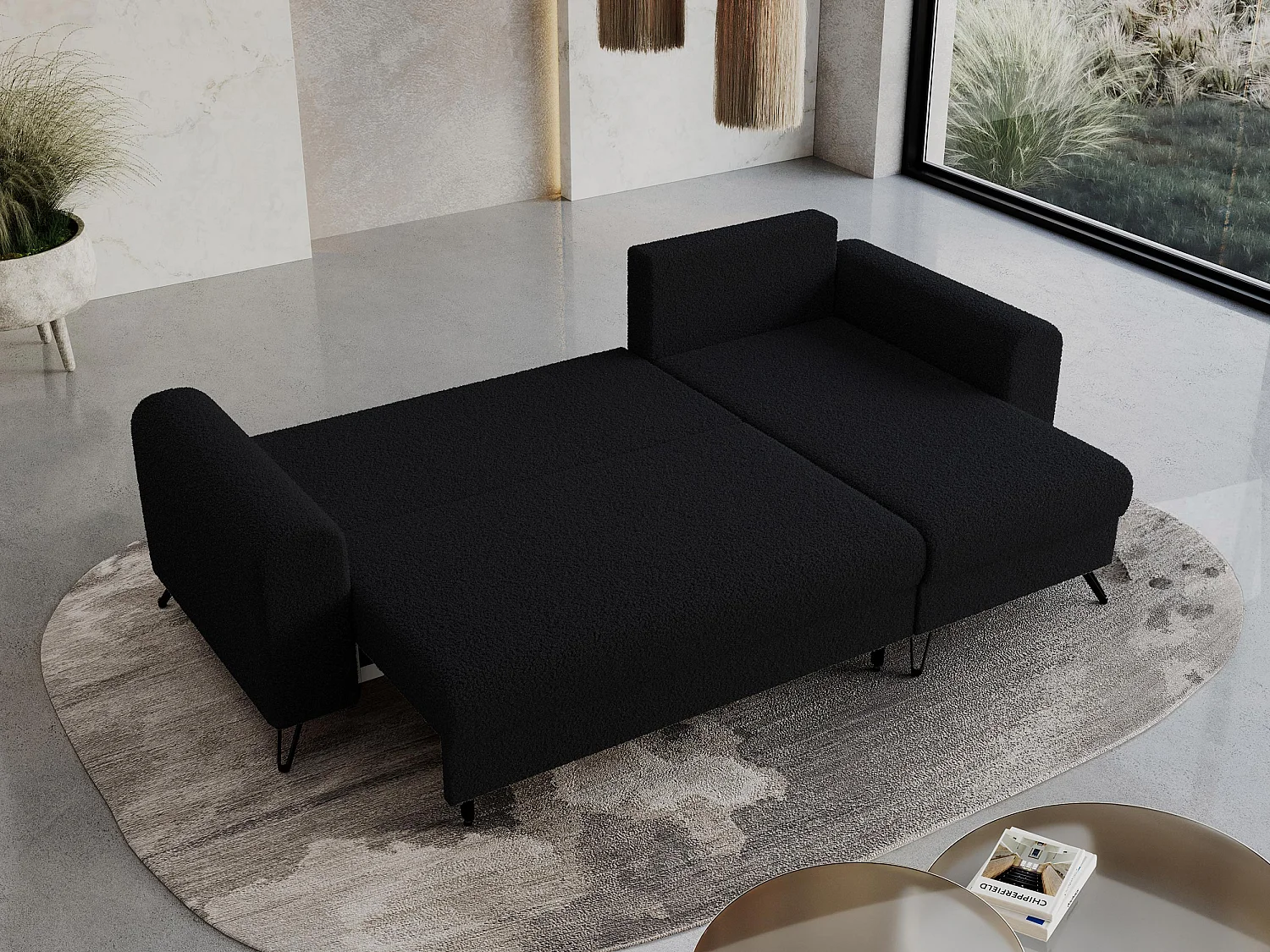 Ecksofa HUGO - L-Form mit Schlaffunktion, lose Kissen - Schwarz Boucle