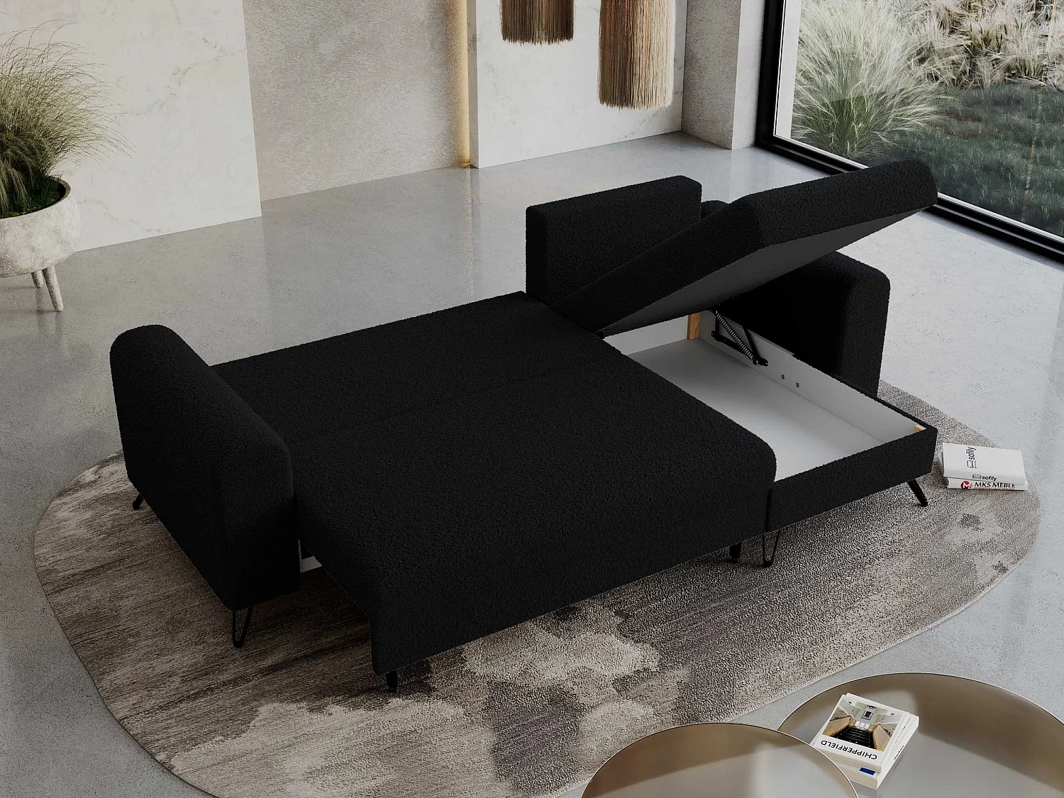 Ecksofa HUGO - L-Form mit Schlaffunktion, lose Kissen - Schwarz Boucle