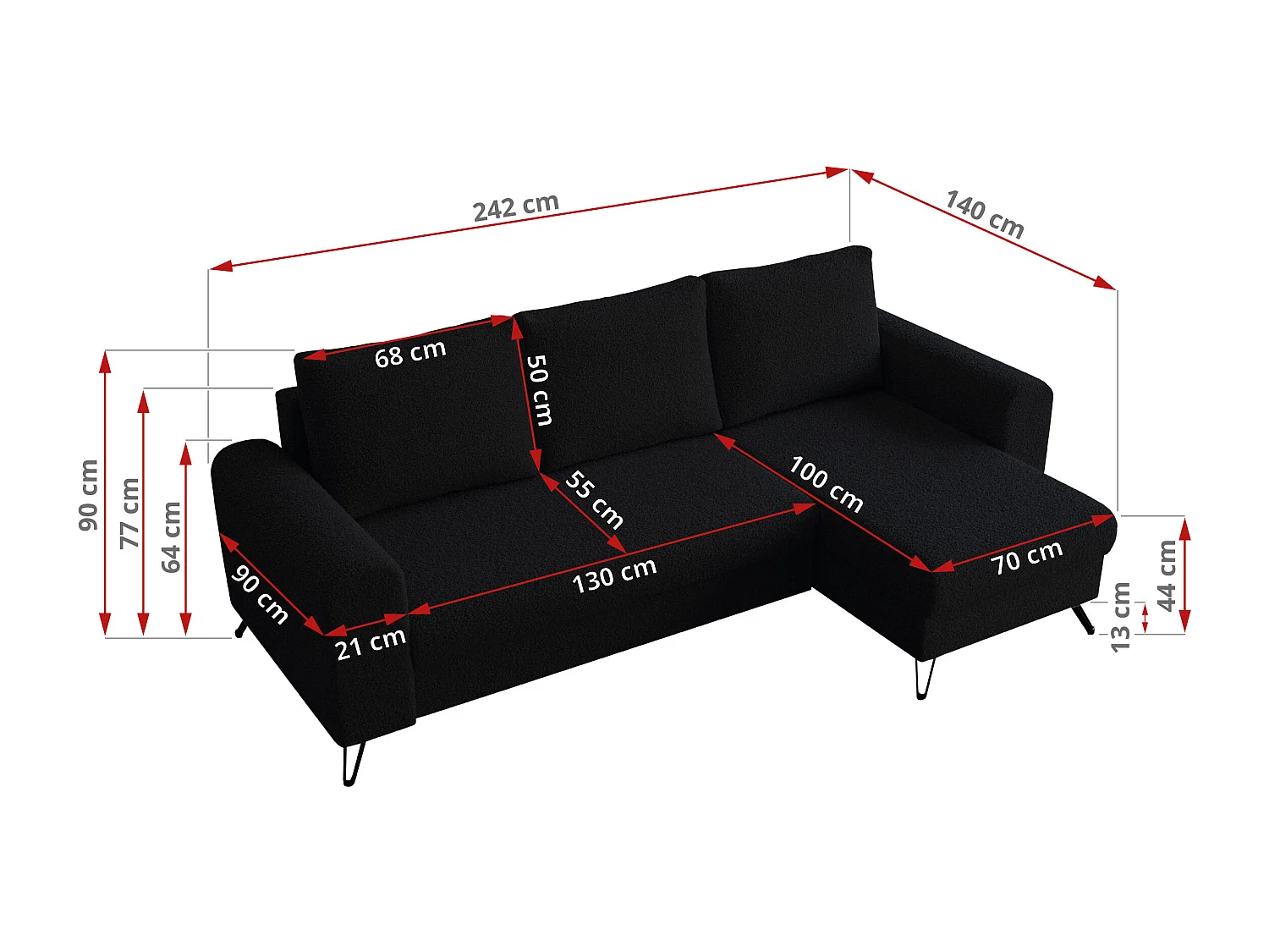 Ecksofa HUGO - L-Form mit Schlaffunktion, lose Kissen - Schwarz Boucle