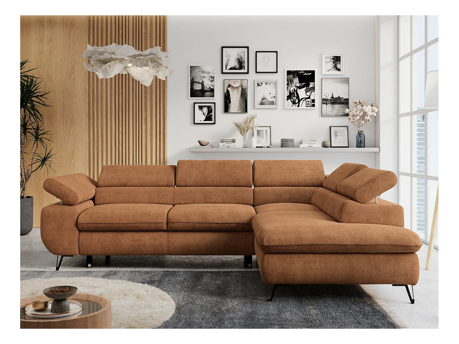 Ecksofa PETER verstellbare Kopfstütze, schlaffunktion - Orange Stukture - Ecke Rechts