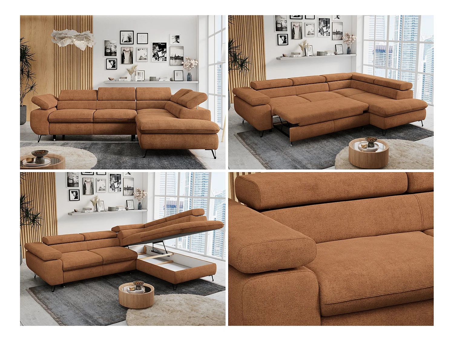 Ecksofa PETER verstellbare Kopfstütze, schlaffunktion - Orange Stukture - Ecke Rechts
