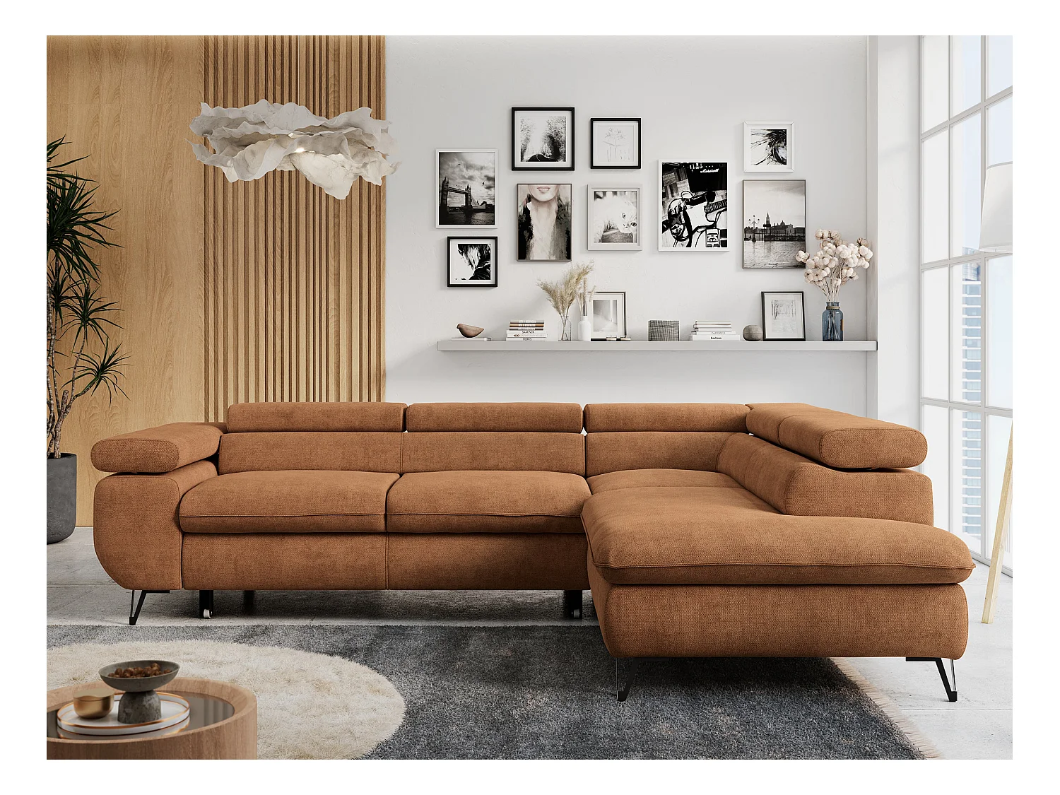 Ecksofa PETER verstellbare Kopfstütze, schlaffunktion - Orange Stukture - Ecke Rechts