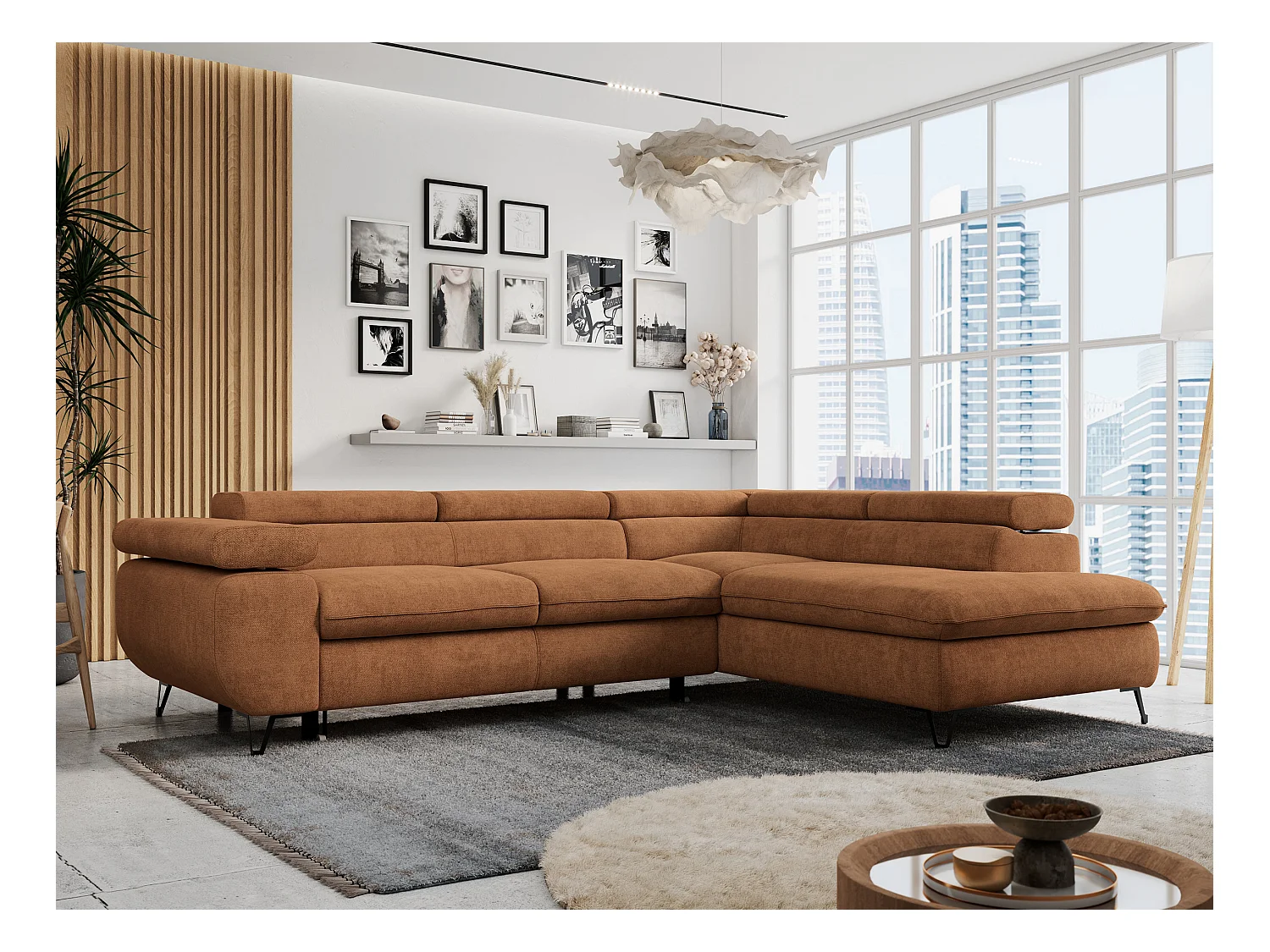 Ecksofa PETER verstellbare Kopfstütze, schlaffunktion - Orange Stukture - Ecke Rechts