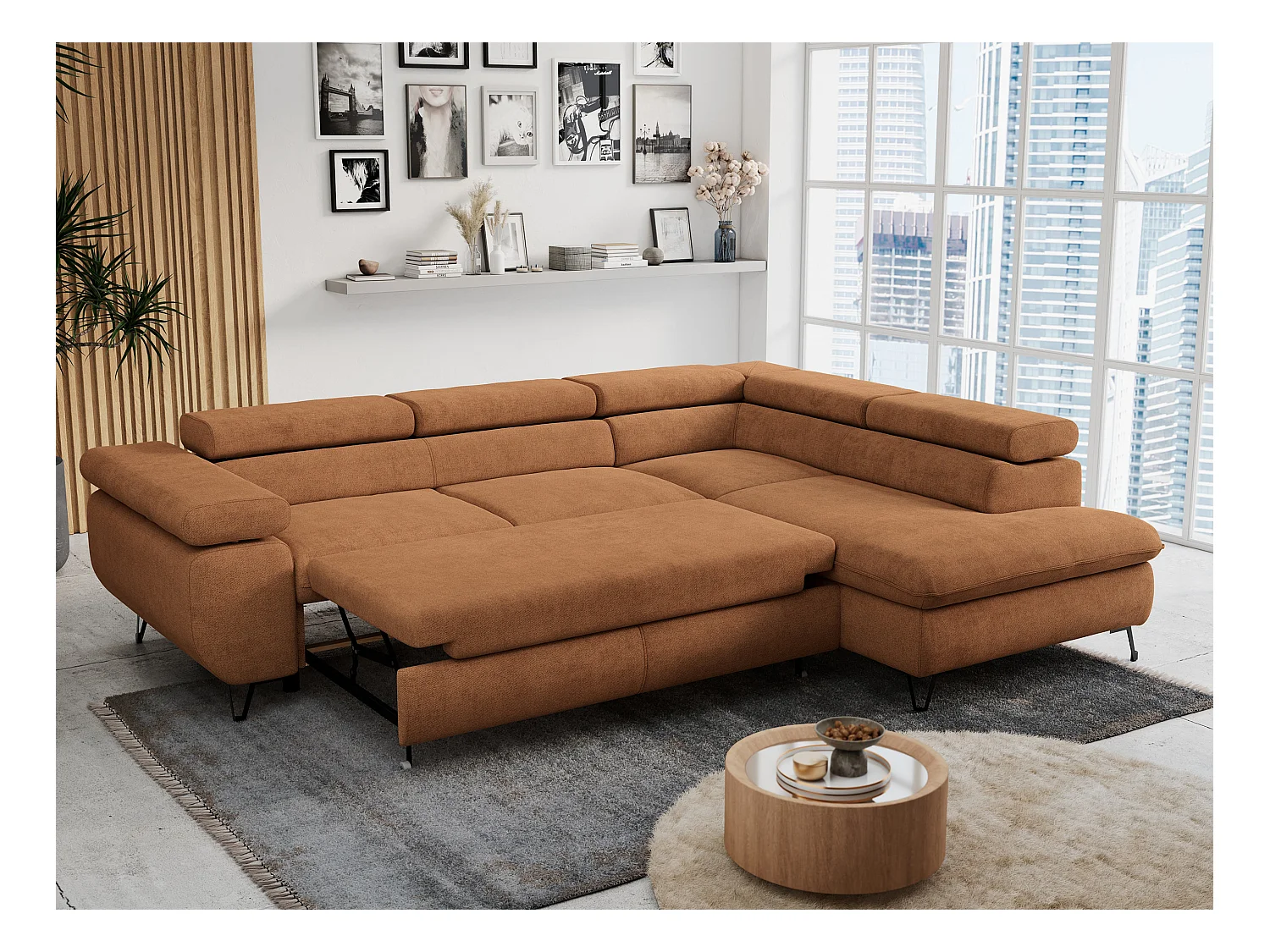 Ecksofa PETER verstellbare Kopfstütze, schlaffunktion - Orange Stukture - Ecke Rechts