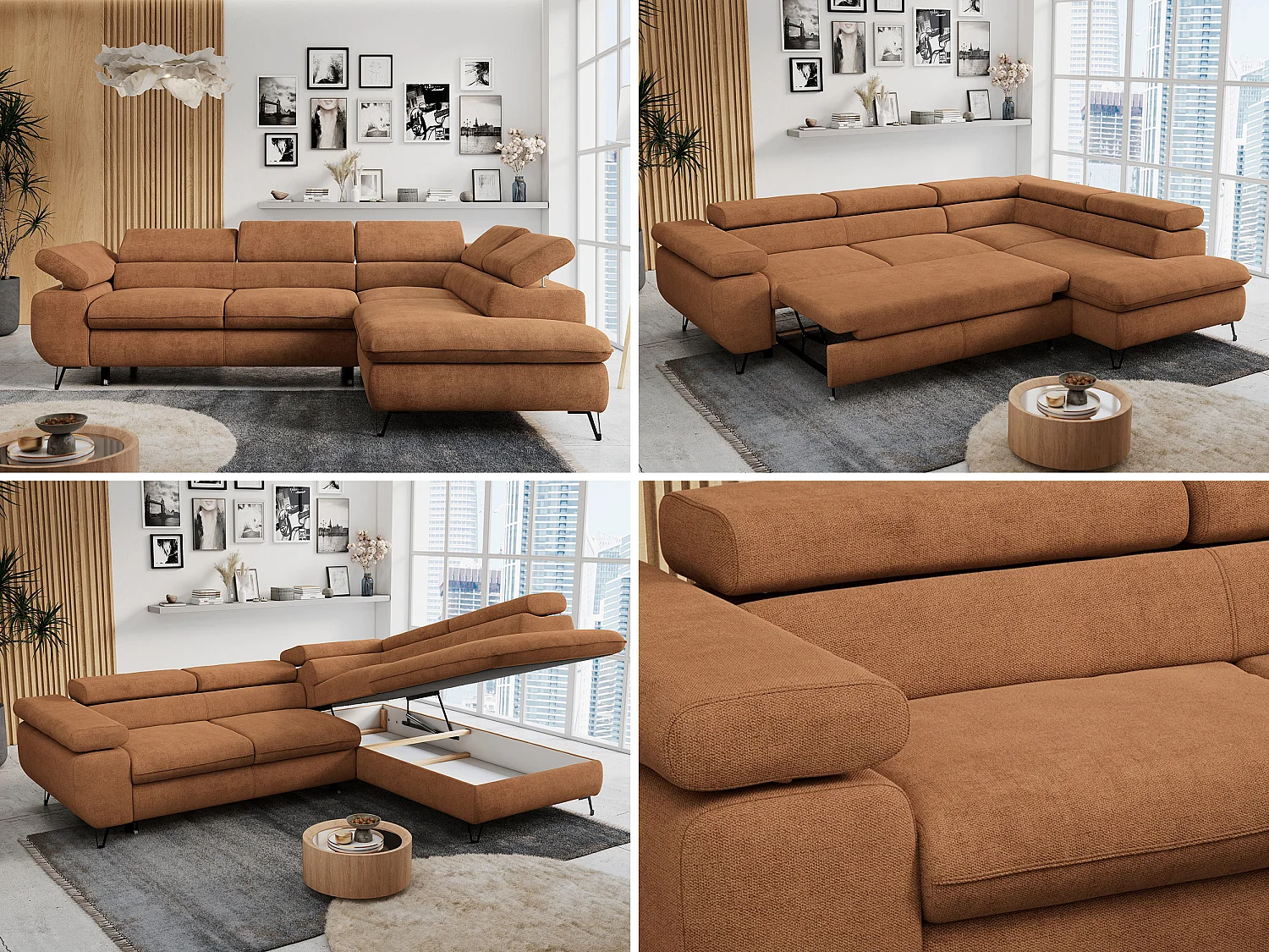 Ecksofa PETER verstellbare Kopfstütze, schlaffunktion - Orange Stukture - Ecke Rechts