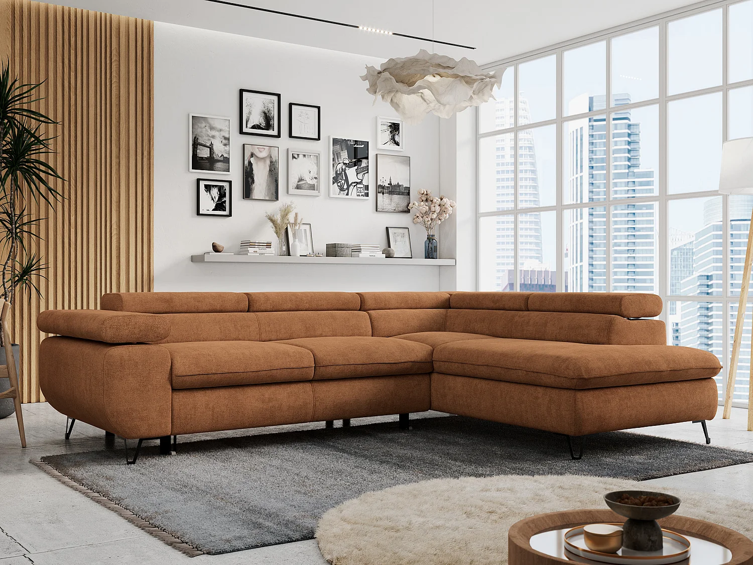 Ecksofa PETER verstellbare Kopfstütze, schlaffunktion - Orange Stukture - Ecke Rechts