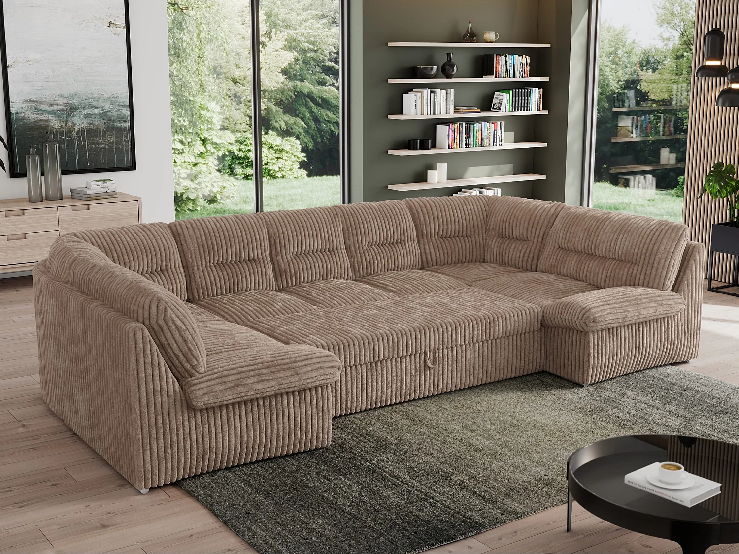 Ecksofa MORBIDO U, XXL Wohnlandschaft mit schlaffunktion - Braun Cord