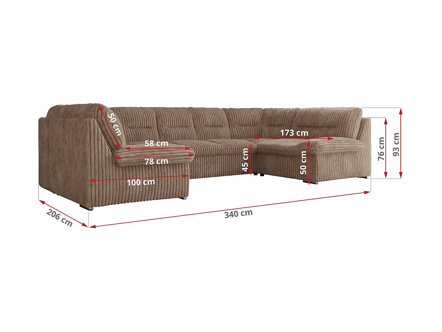 Ecksofa MORBIDO U, XXL Wohnlandschaft mit schlaffunktion - Braun Cord