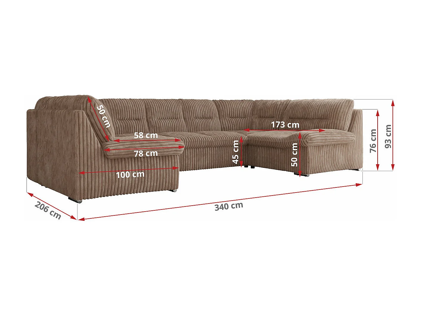 Ecksofa MORBIDO U, XXL Wohnlandschaft mit schlaffunktion - Braun Cord