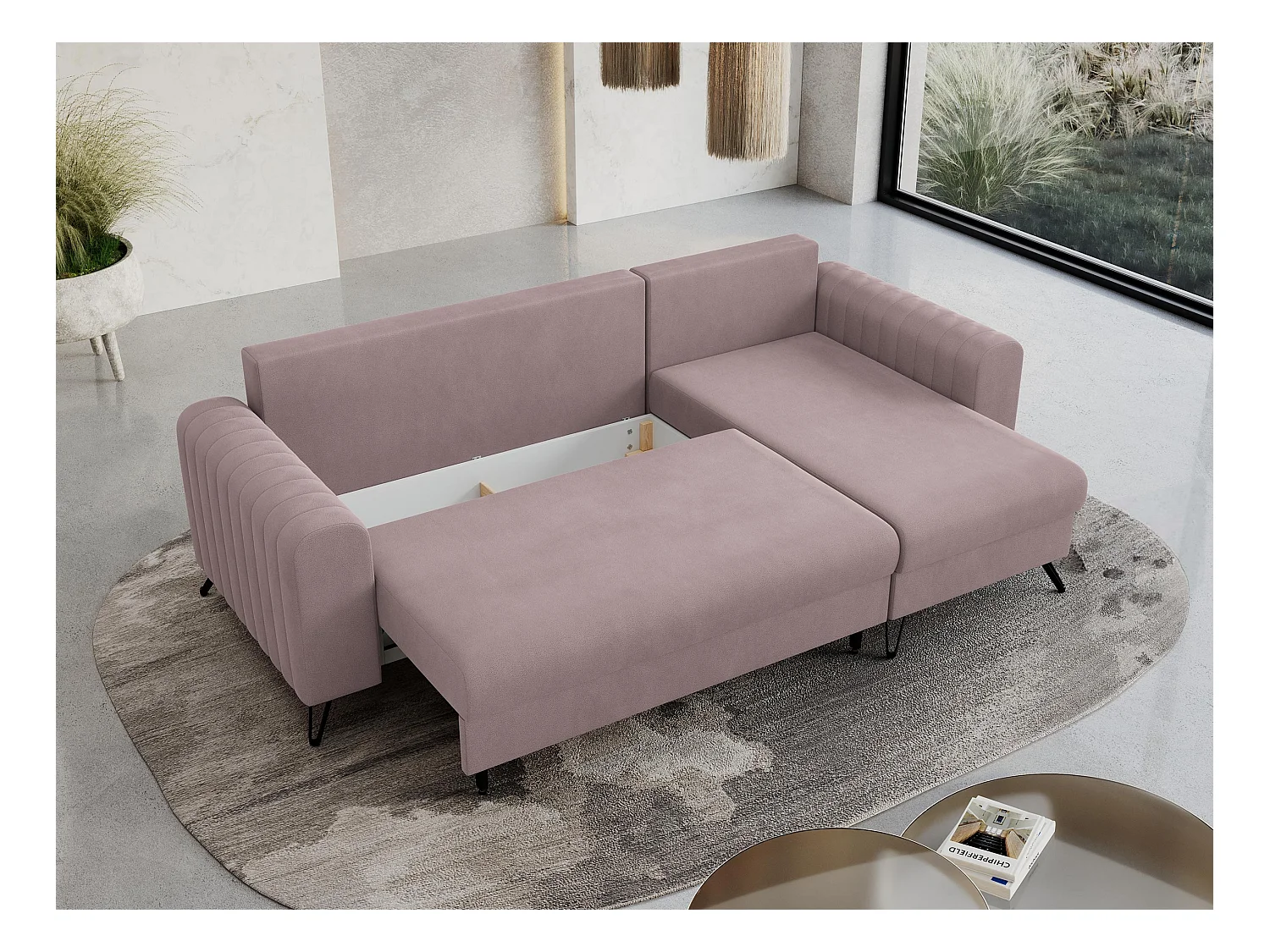 Ecksofa AXEL - universal mit schlaffunktion, Bettkasten - Rosa Velvet