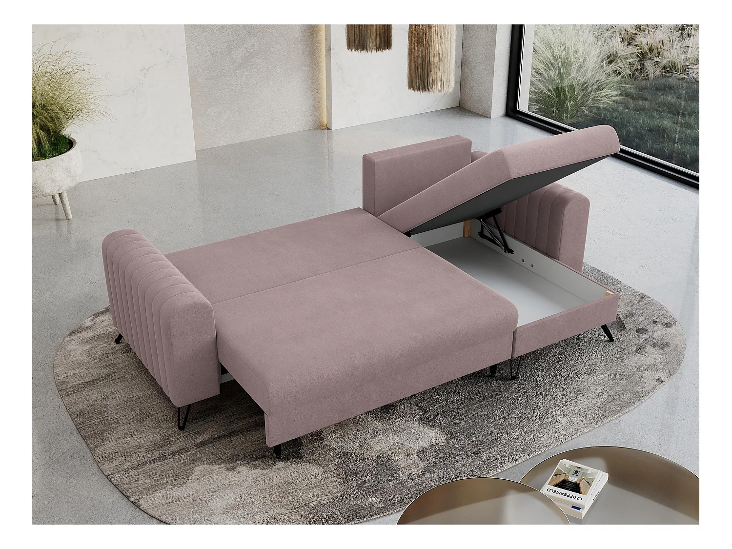 Ecksofa AXEL - universal mit schlaffunktion, Bettkasten - Rosa Velvet