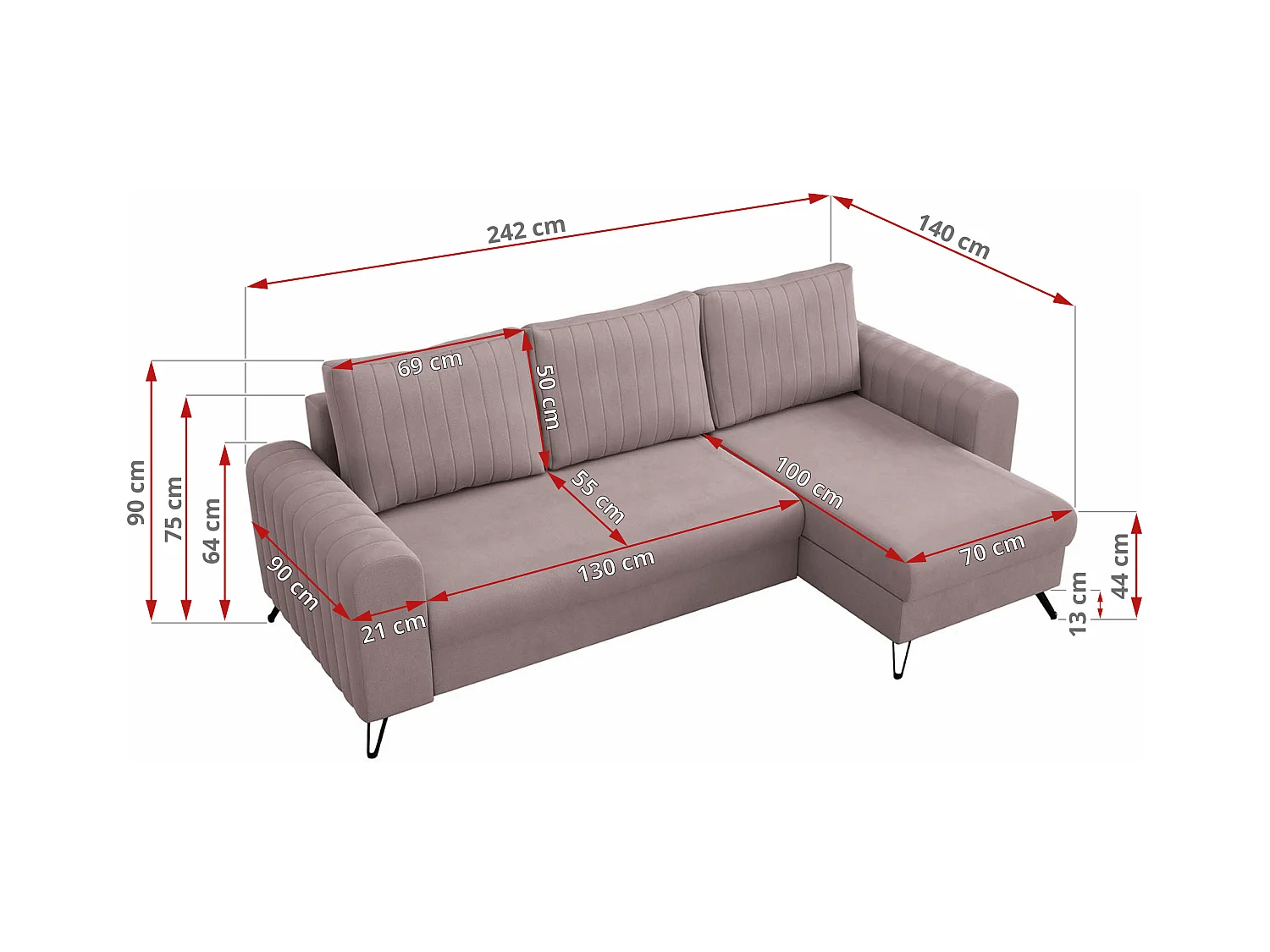 Ecksofa AXEL - universal mit schlaffunktion, Bettkasten - Rosa Velvet