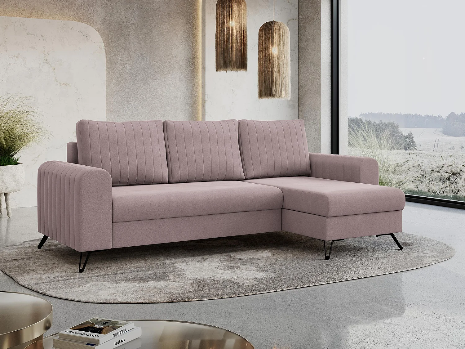 Ecksofa AXEL - universal mit schlaffunktion, Bettkasten - Rosa Velvet