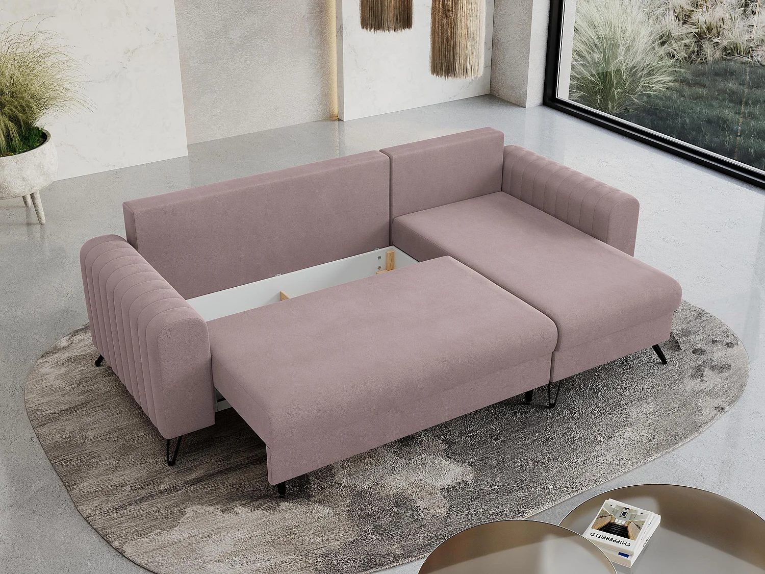 Ecksofa AXEL - universal mit schlaffunktion, Bettkasten - Rosa Velvet