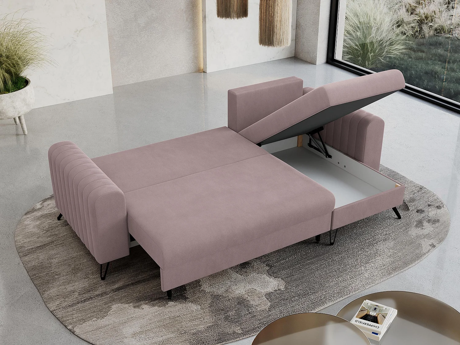 Ecksofa AXEL - universal mit schlaffunktion, Bettkasten - Rosa Velvet