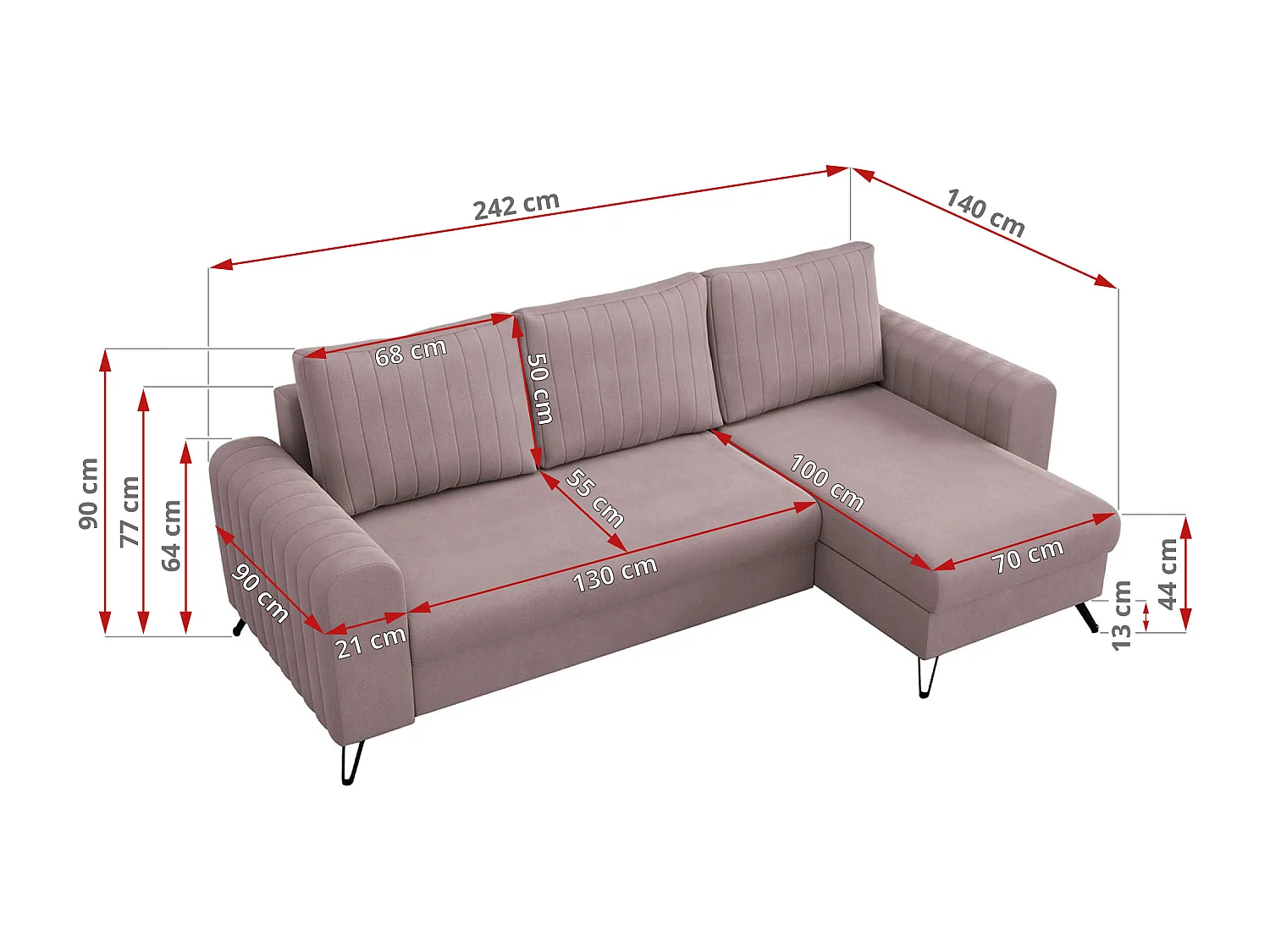 Ecksofa AXEL - universal mit schlaffunktion, Bettkasten - Rosa Velvet