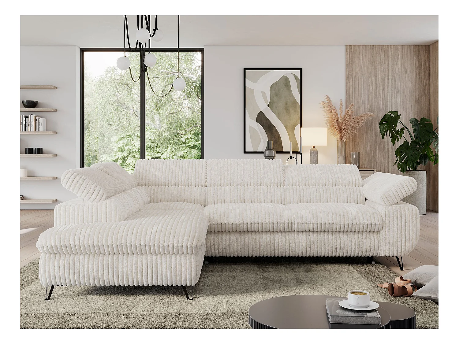 Ecksofa PEDRO - L-Form mit Schlaffunktion 200x125 cm, verstellbaren Kopfstützen - Beige Cord - Ecke Links