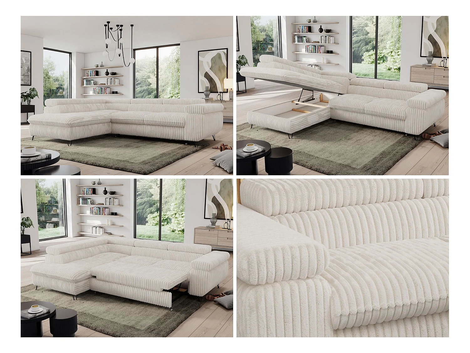 Ecksofa PEDRO - L-Form mit Schlaffunktion 200x125 cm, verstellbaren Kopfstützen - Beige Cord - Ecke Links