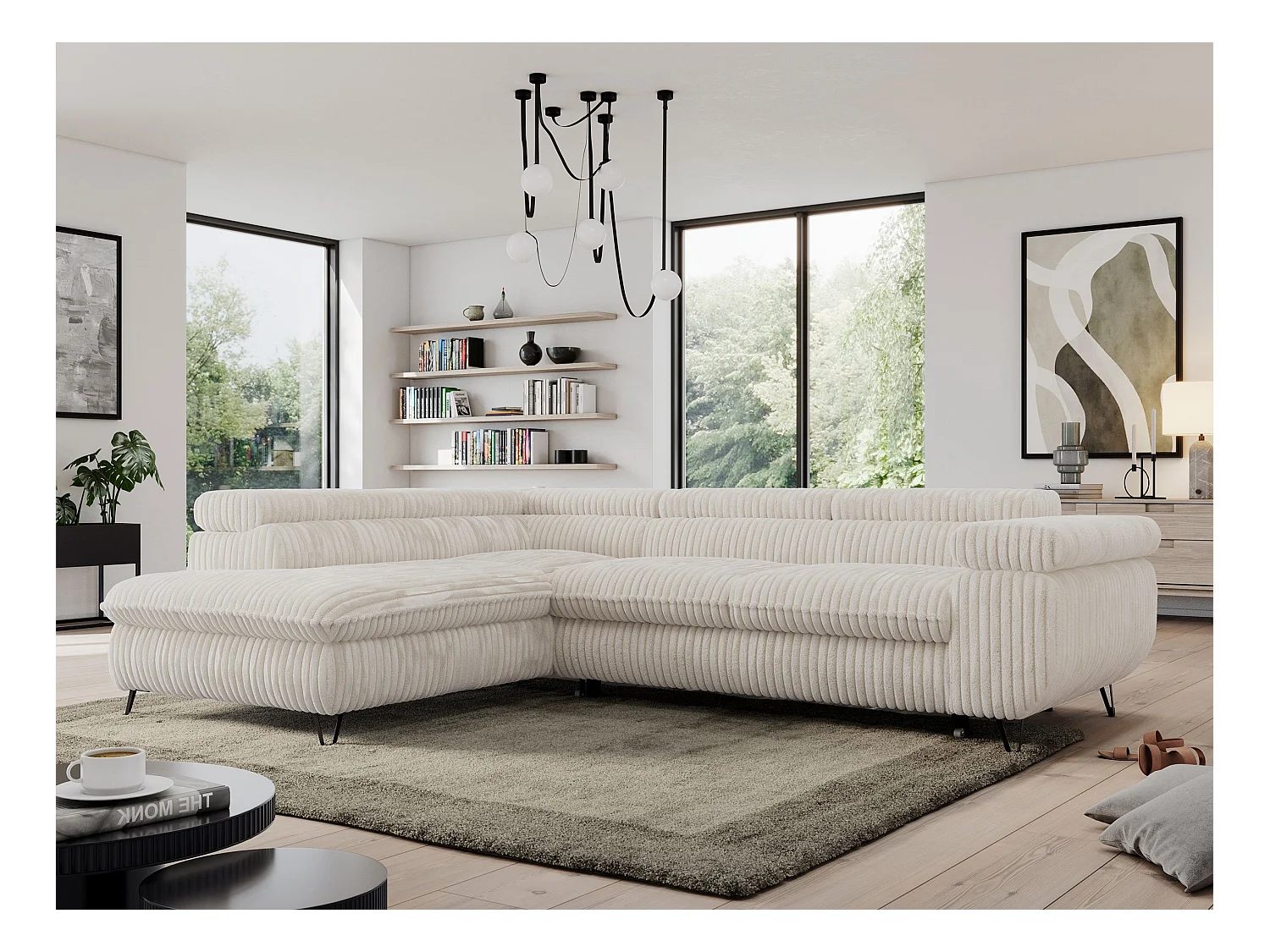 Ecksofa PEDRO - L-Form mit Schlaffunktion 200x125 cm, verstellbaren Kopfstützen - Beige Cord - Ecke Links