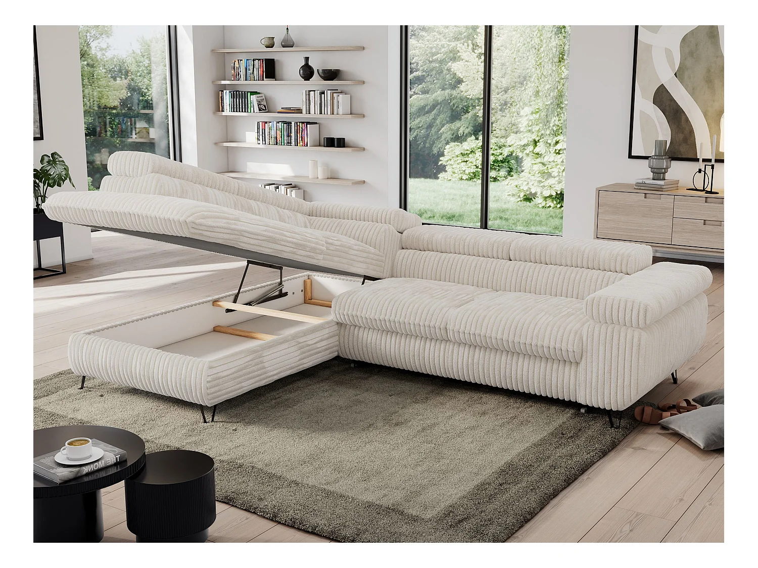 Ecksofa PEDRO - L-Form mit Schlaffunktion 200x125 cm, verstellbaren Kopfstützen - Beige Cord - Ecke Links