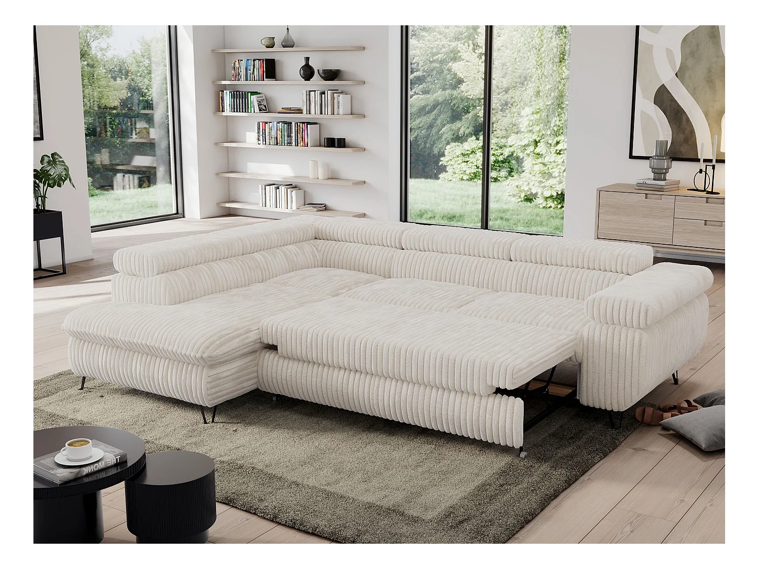 Ecksofa PEDRO - L-Form mit Schlaffunktion 200x125 cm, verstellbaren Kopfstützen - Beige Cord - Ecke Links