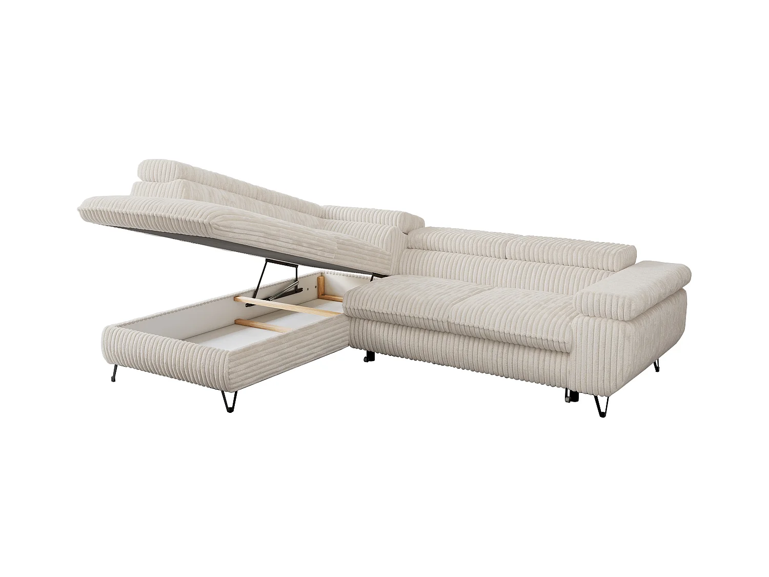 Ecksofa PEDRO - L-Form mit Schlaffunktion 200x125 cm, verstellbaren Kopfstützen - Beige Cord - Ecke Links