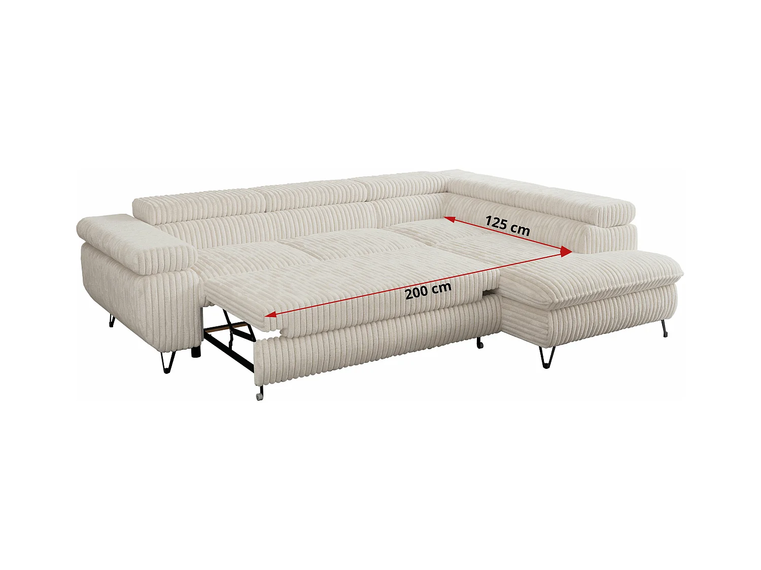 Ecksofa PEDRO - L-Form mit Schlaffunktion 200x125 cm, verstellbaren Kopfstützen - Beige Cord - Ecke Links