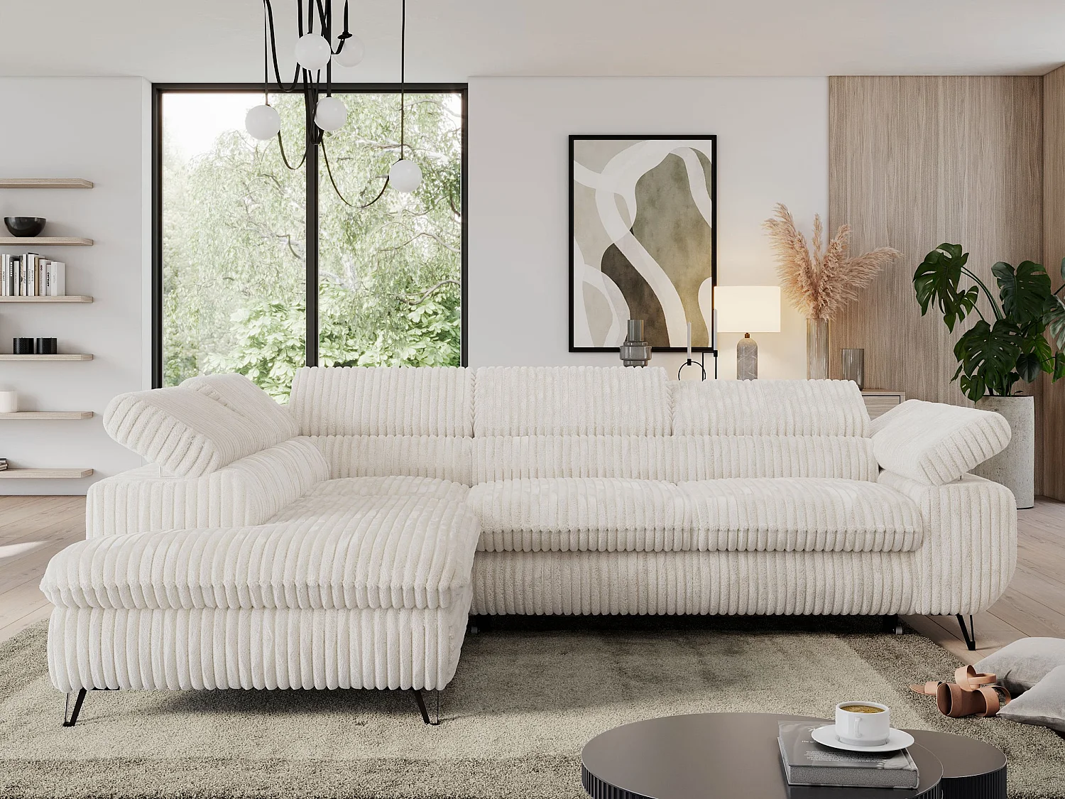 Ecksofa PEDRO - L-Form mit Schlaffunktion 200x125 cm, verstellbaren Kopfstützen - Beige Cord - Ecke Links