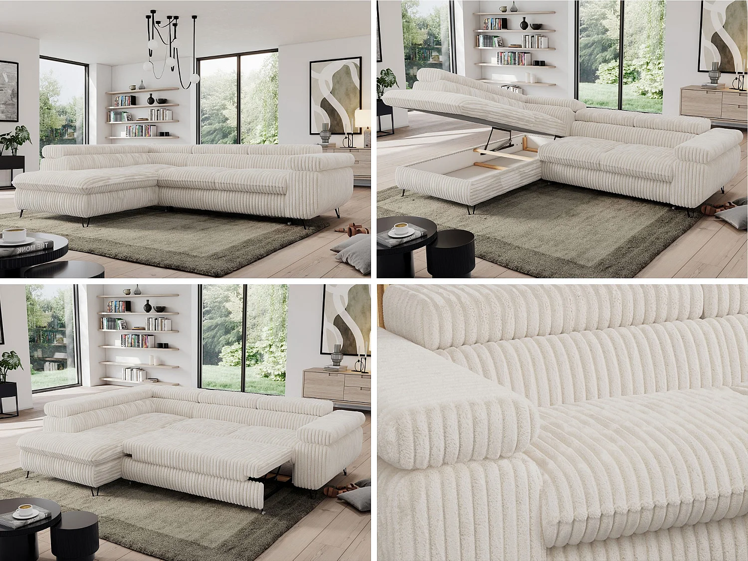 Ecksofa PEDRO - L-Form mit Schlaffunktion 200x125 cm, verstellbaren Kopfstützen - Beige Cord - Ecke Links