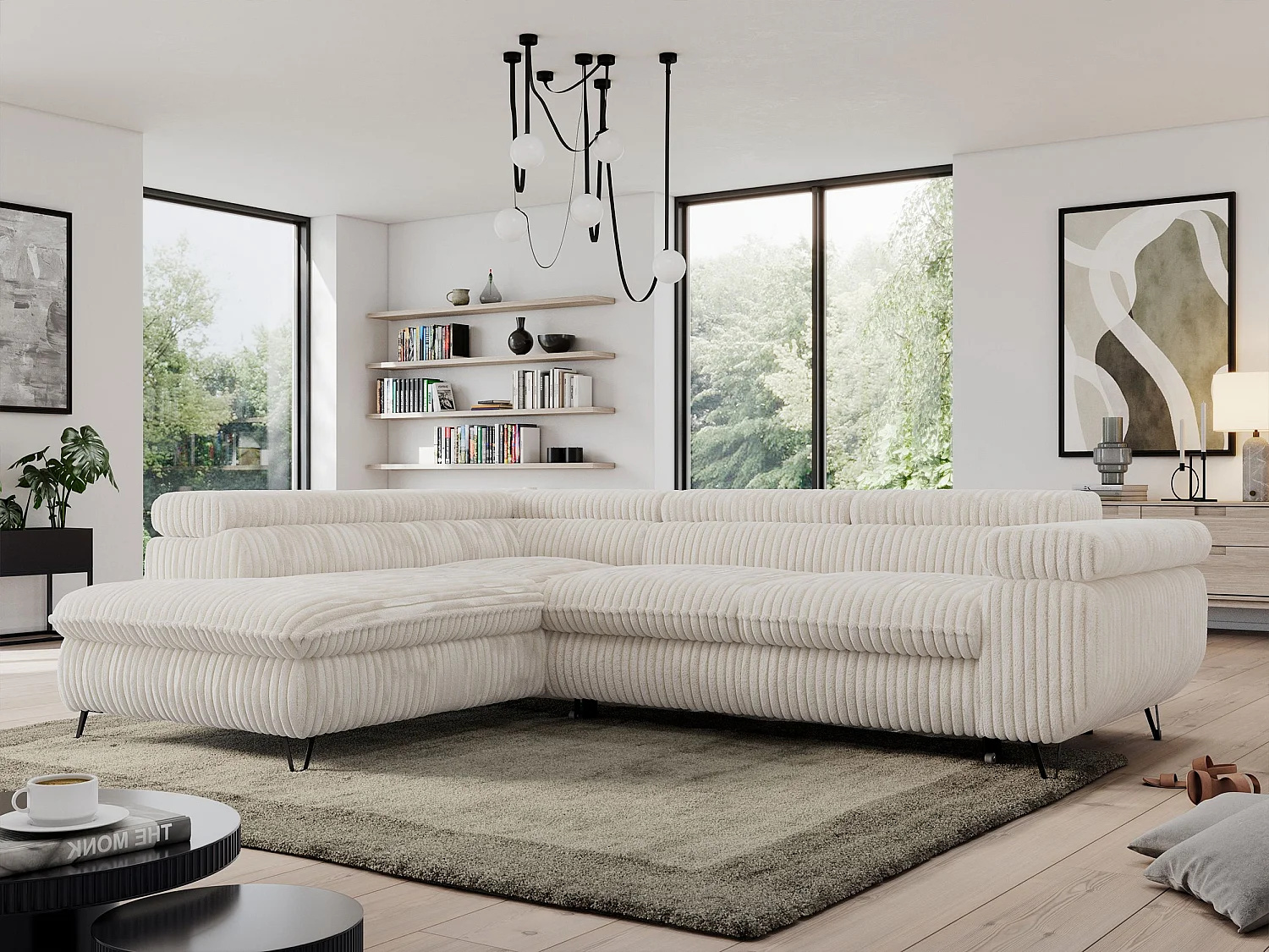 Ecksofa PEDRO - L-Form mit Schlaffunktion 200x125 cm, verstellbaren Kopfstützen - Beige Cord - Ecke Links