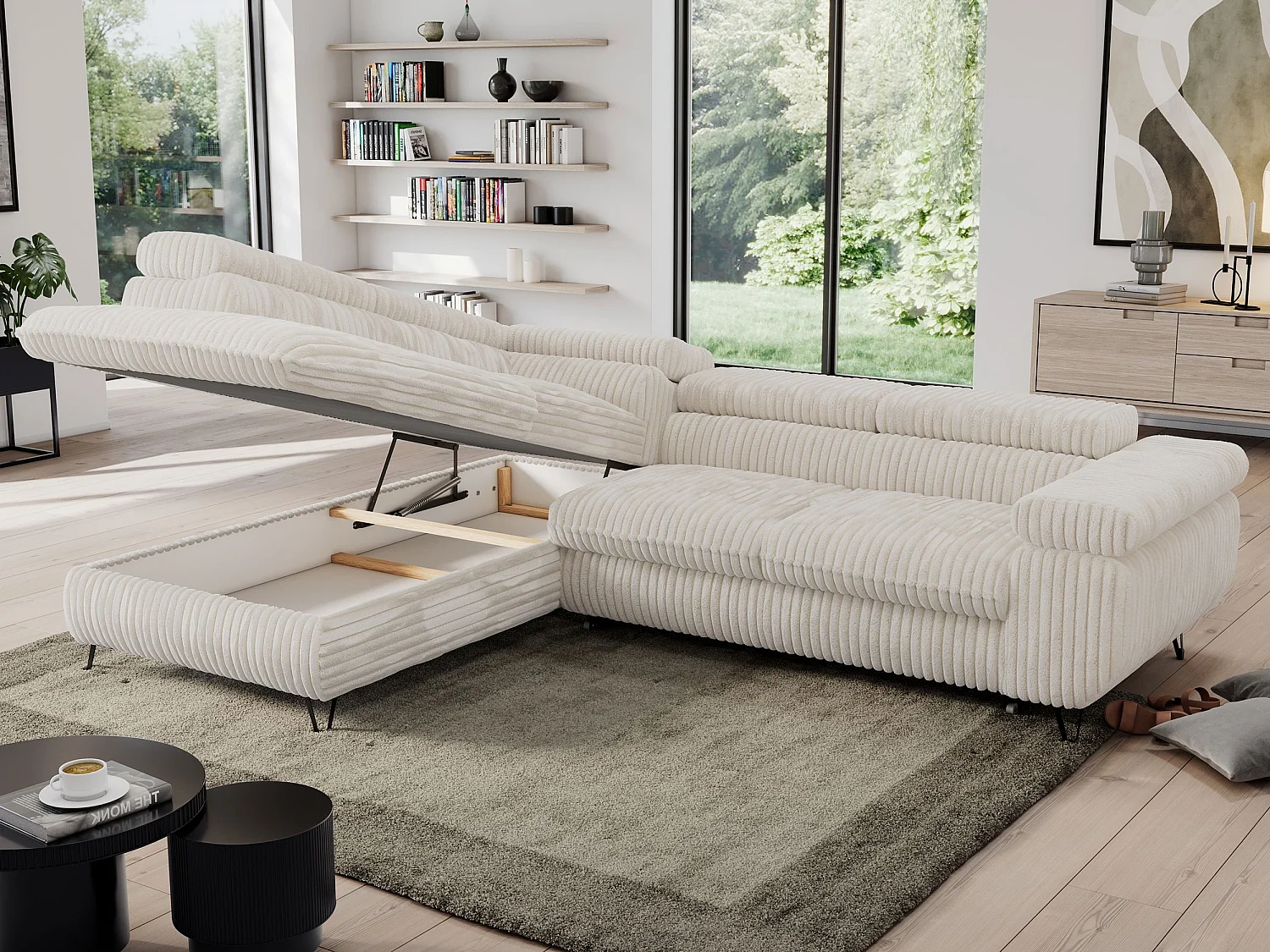 Ecksofa PEDRO - L-Form mit Schlaffunktion 200x125 cm, verstellbaren Kopfstützen - Beige Cord - Ecke Links