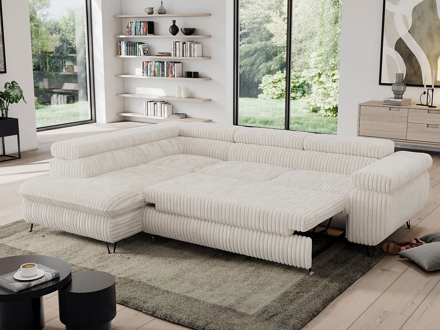 Ecksofa PEDRO - L-Form mit Schlaffunktion 200x125 cm, verstellbaren Kopfstützen - Beige Cord - Ecke Links