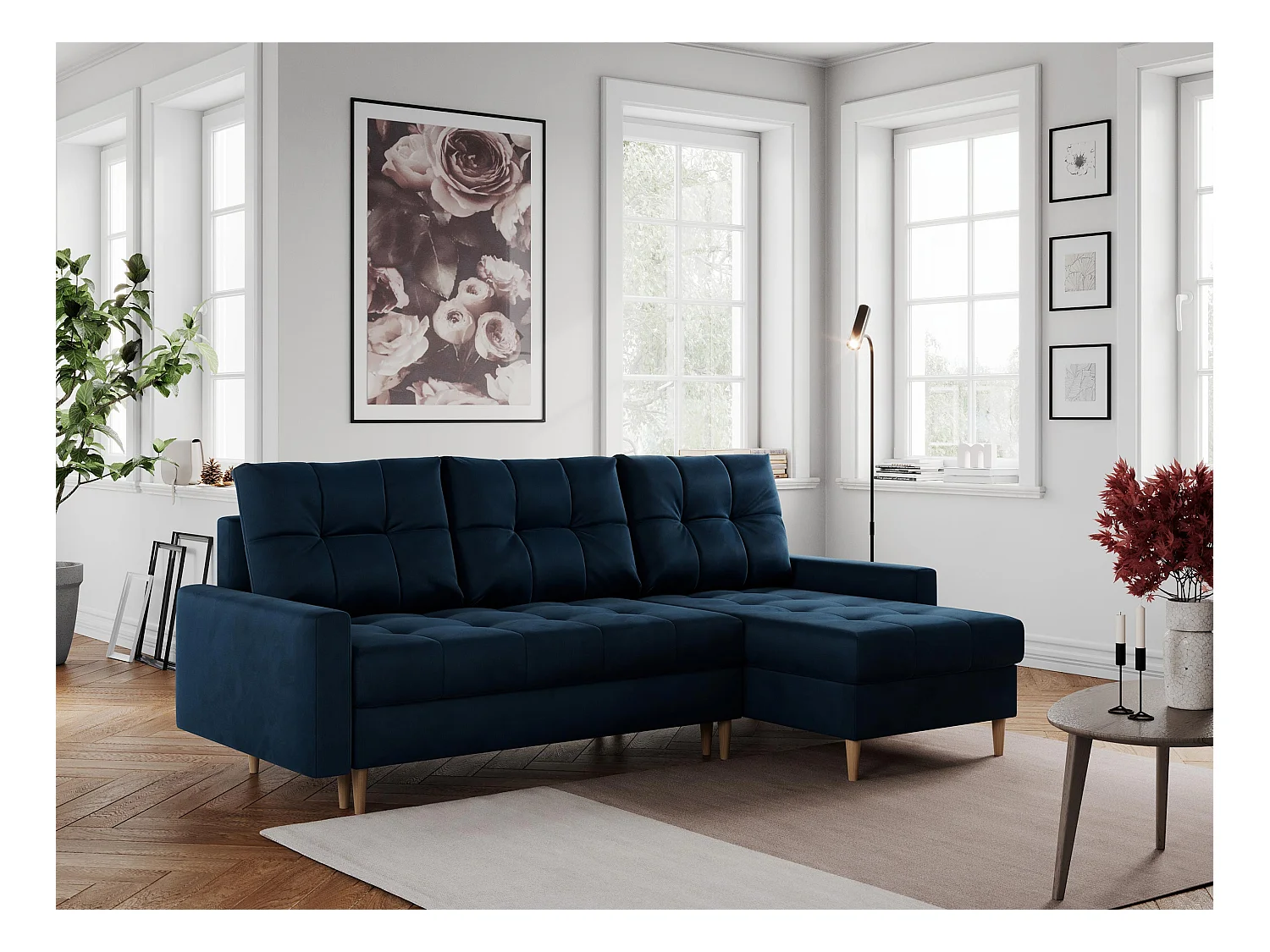 Ecksofa COLIN - gesteppte Sitzfläche, mit Schlaffunktion - Dunkelblau Velvet