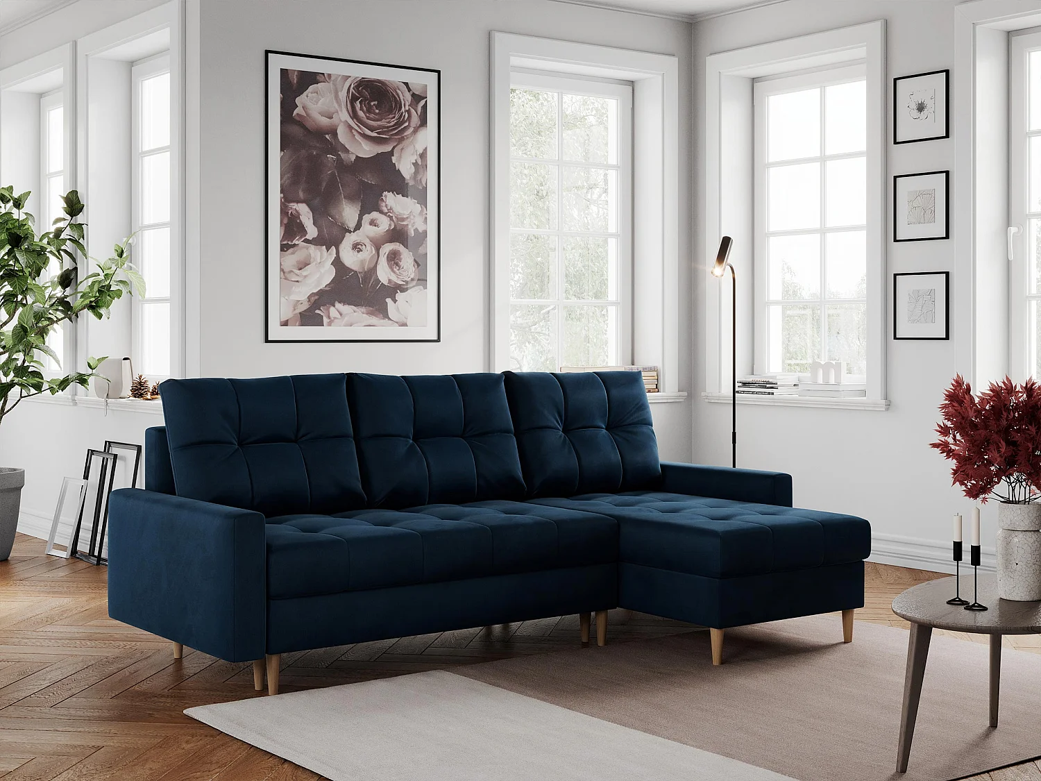 Ecksofa COLIN - gesteppte Sitzfläche, mit Schlaffunktion - Dunkelblau Velvet